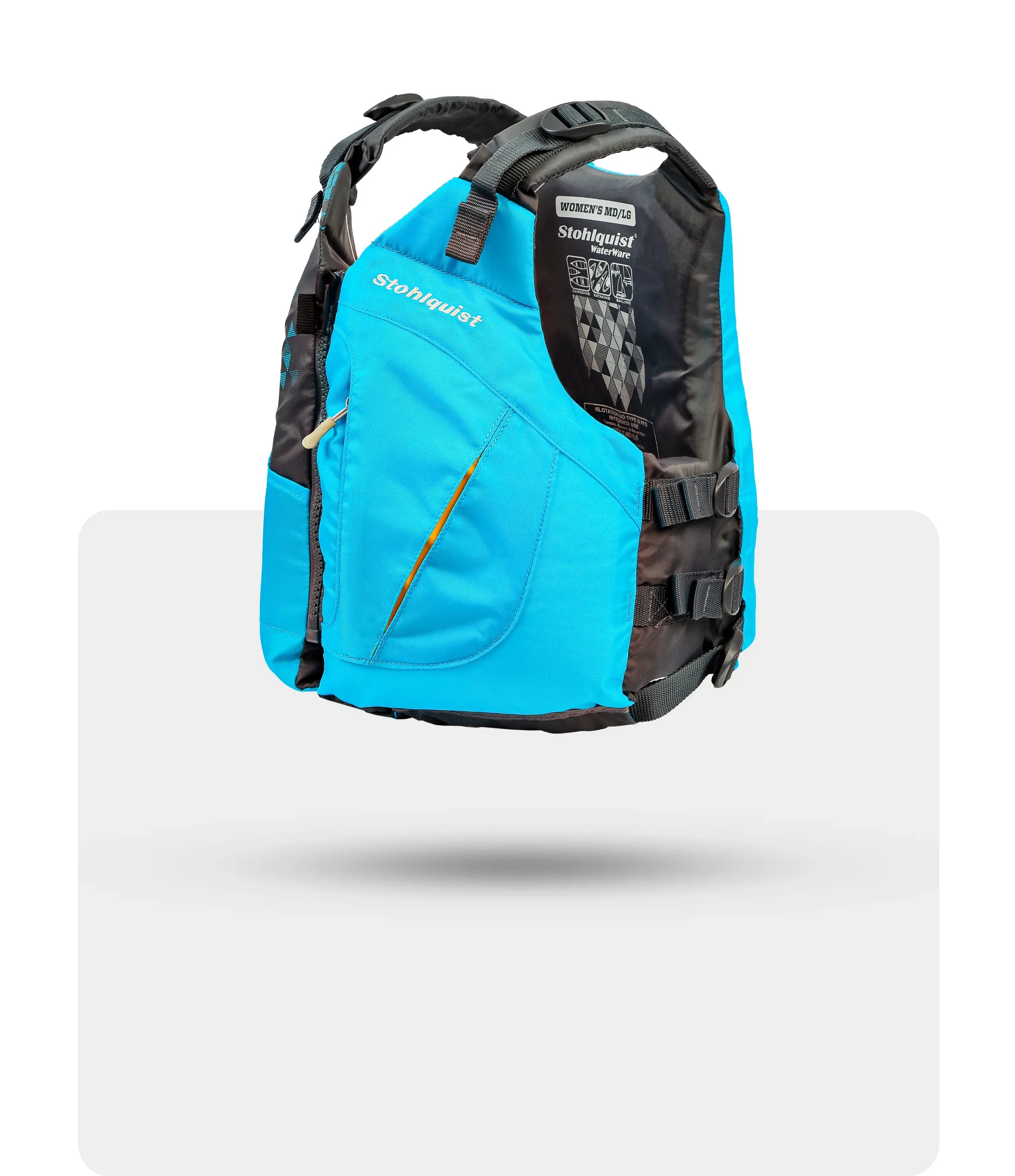 Stohlquist women's blue kayaking life jacket with adjustable straps and front pocket