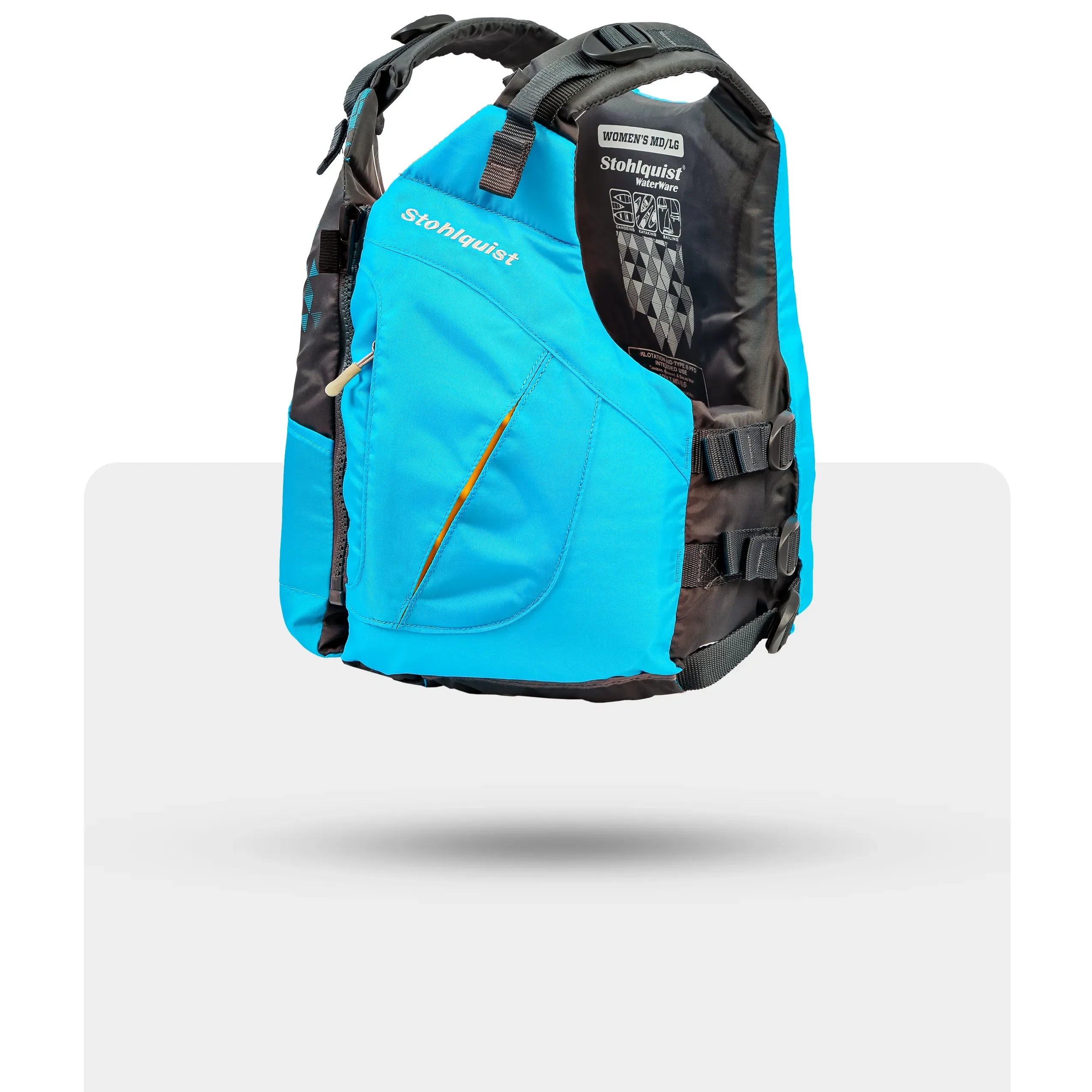 Stohlquist women's blue kayaking life jacket with adjustable straps and front pocket