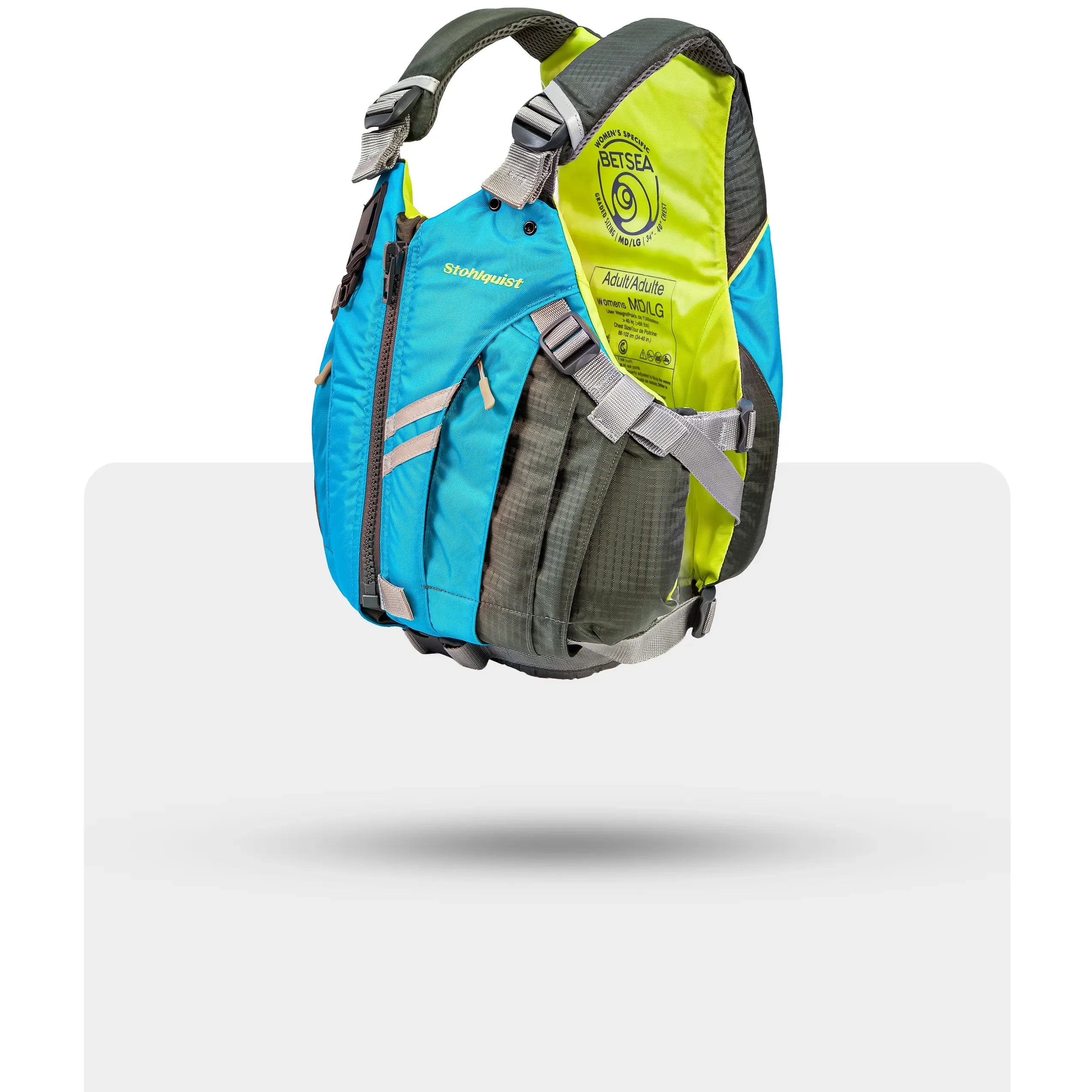 Stohlquist Betsea blue and yellow kayaking life jacket with adjustable straps, side view