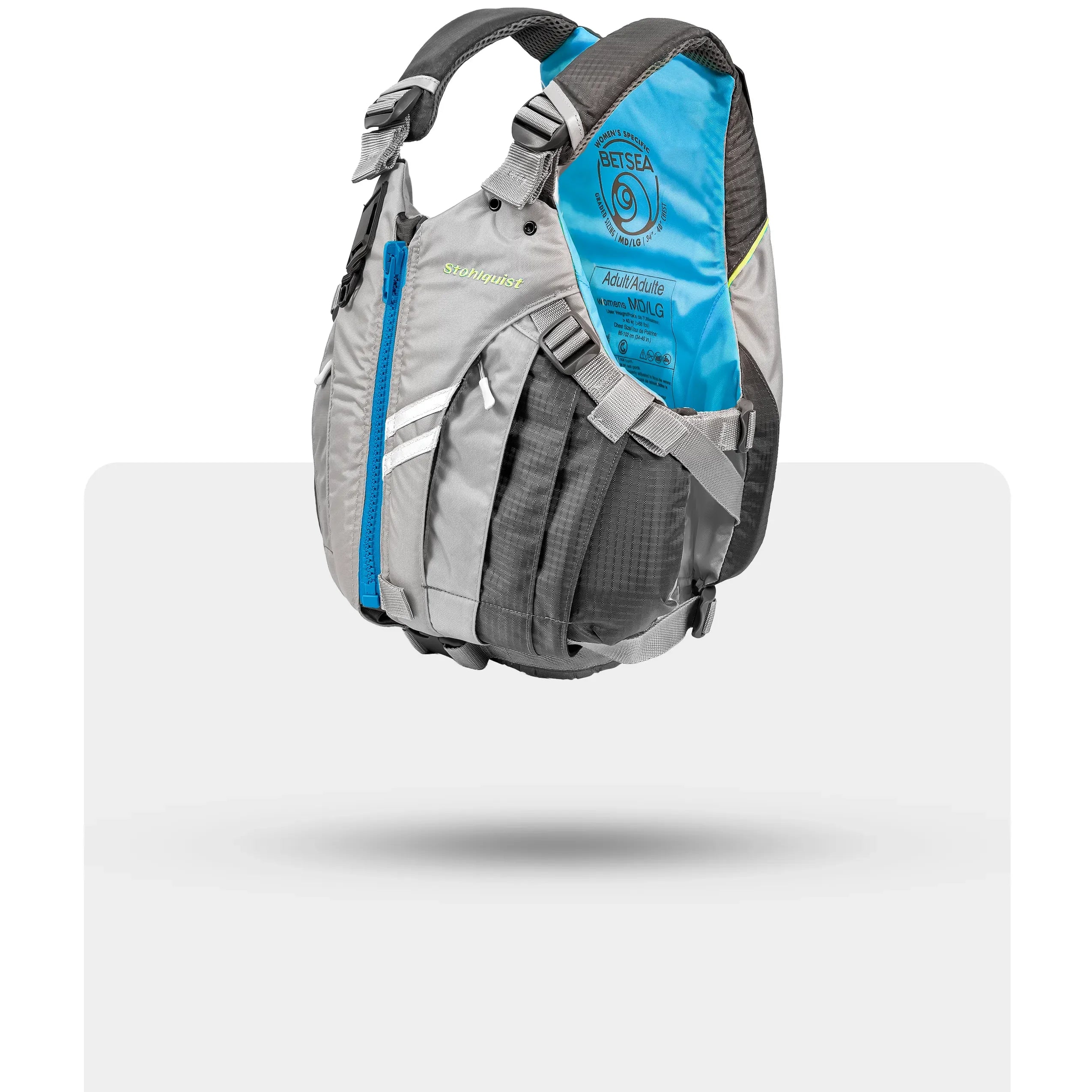 Stohlquist Betsea gray and blue kayaking life jacket with adjustable straps, side view