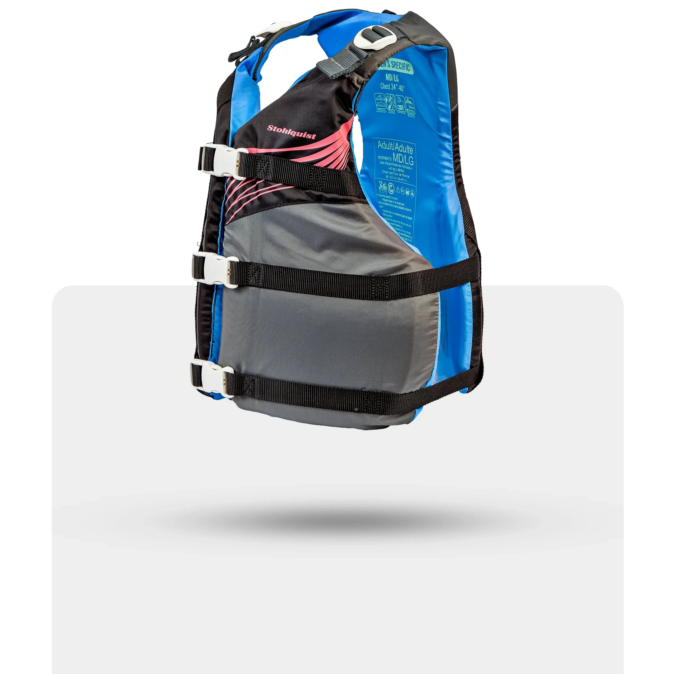 Stohlquist black and gray kayaking life jacket with adjustable straps and blue interior