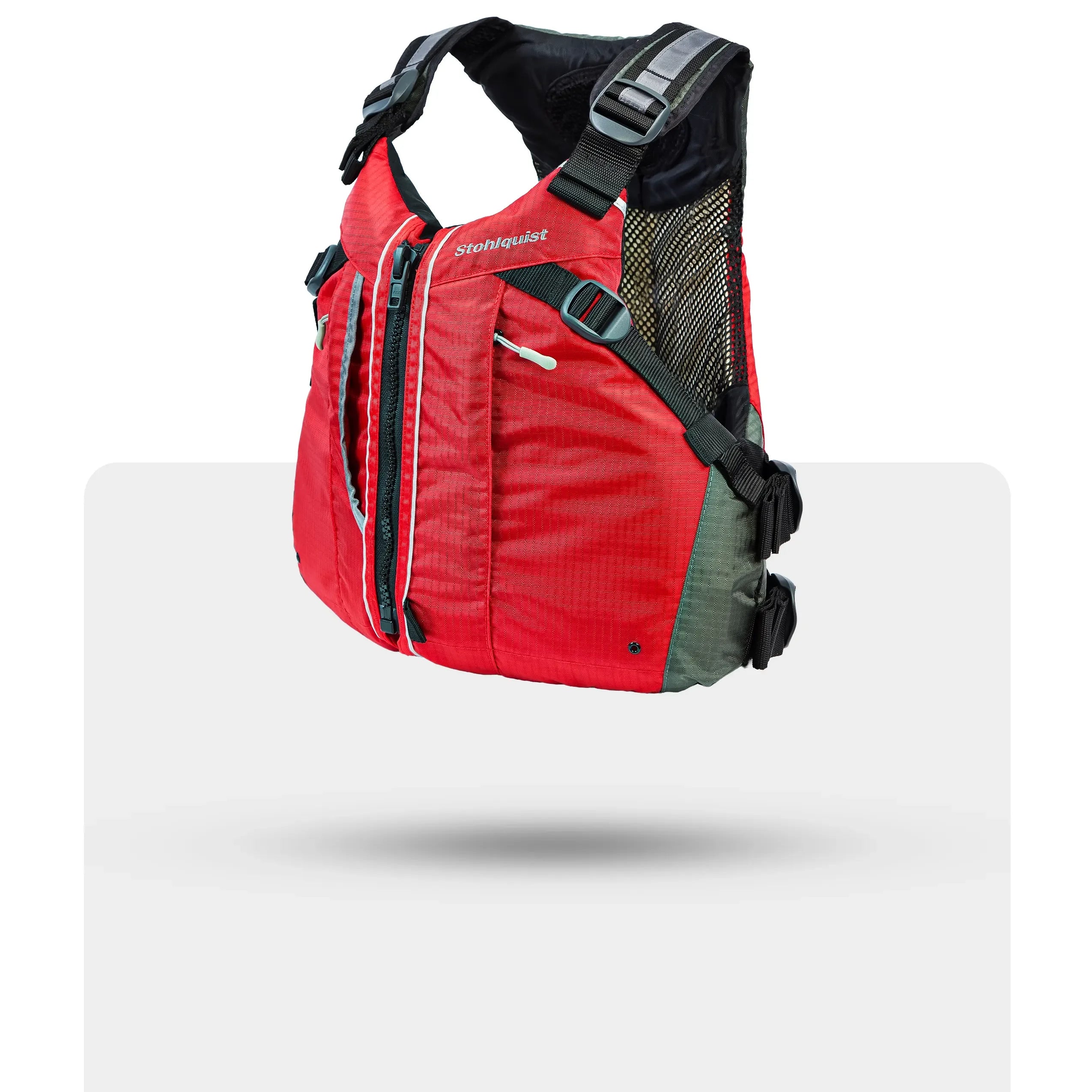 Stohlquist red kayaking life jacket with mesh back and adjustable straps on white background