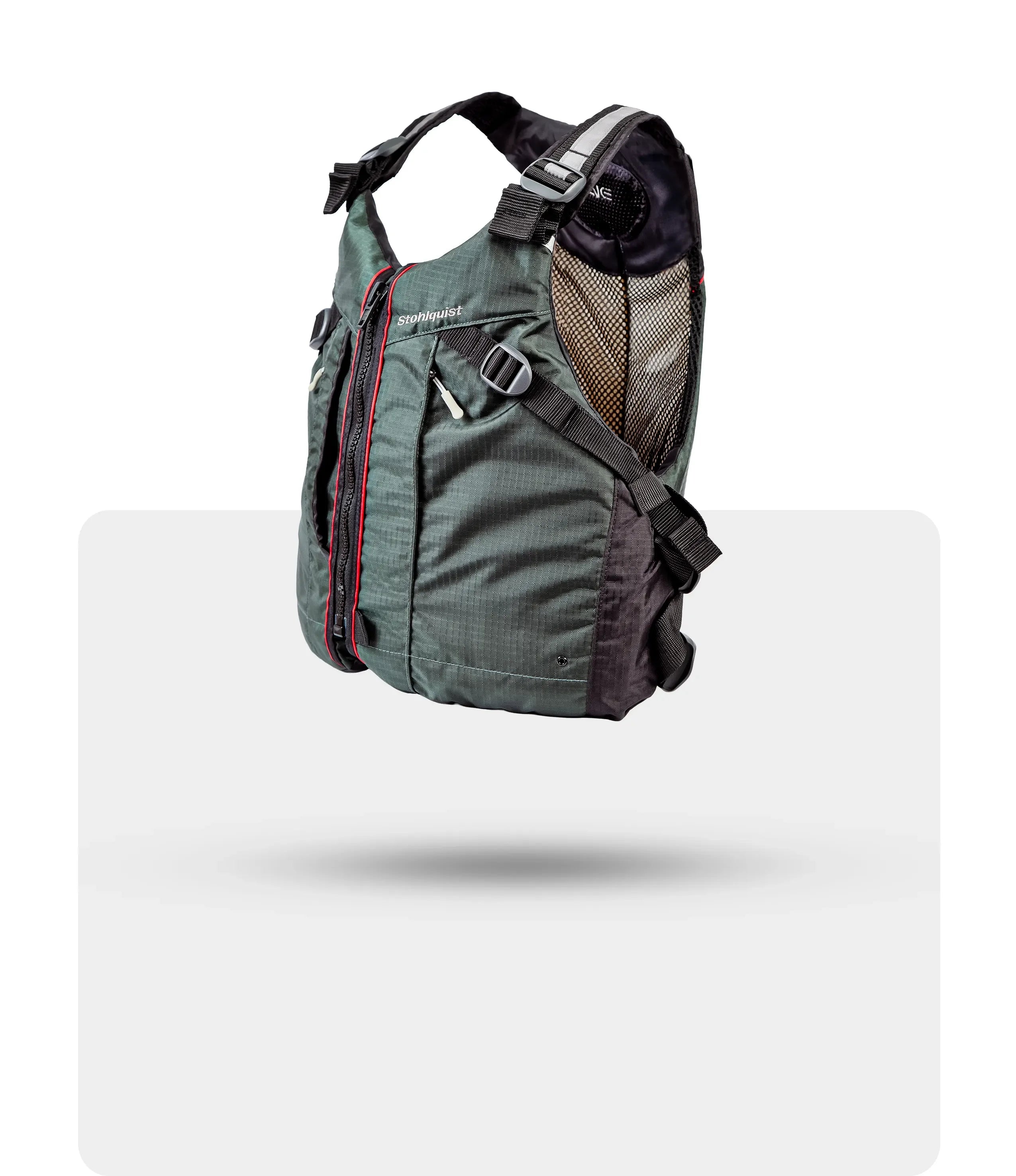 Stohlquist green kayaking life jacket with adjustable straps and mesh panel, side view