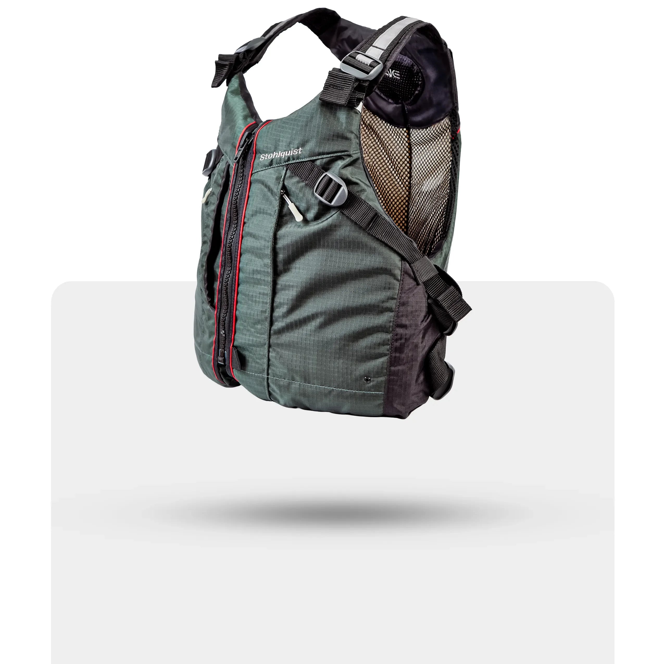 Stohlquist green kayaking life jacket with adjustable straps and mesh panel, side view