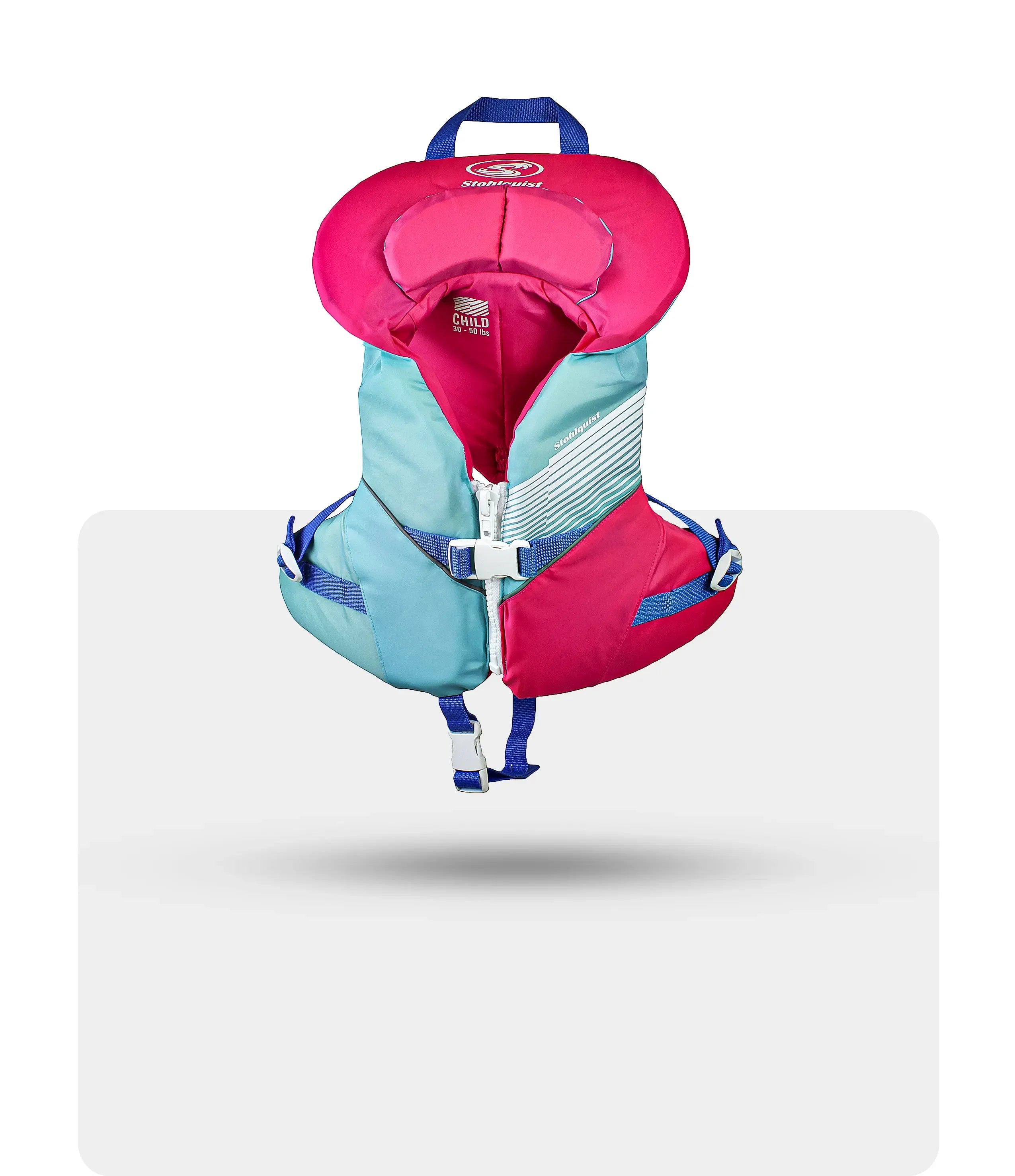 Stohlquist child aqua pink life jacket for kayaking and paddling safety, front view