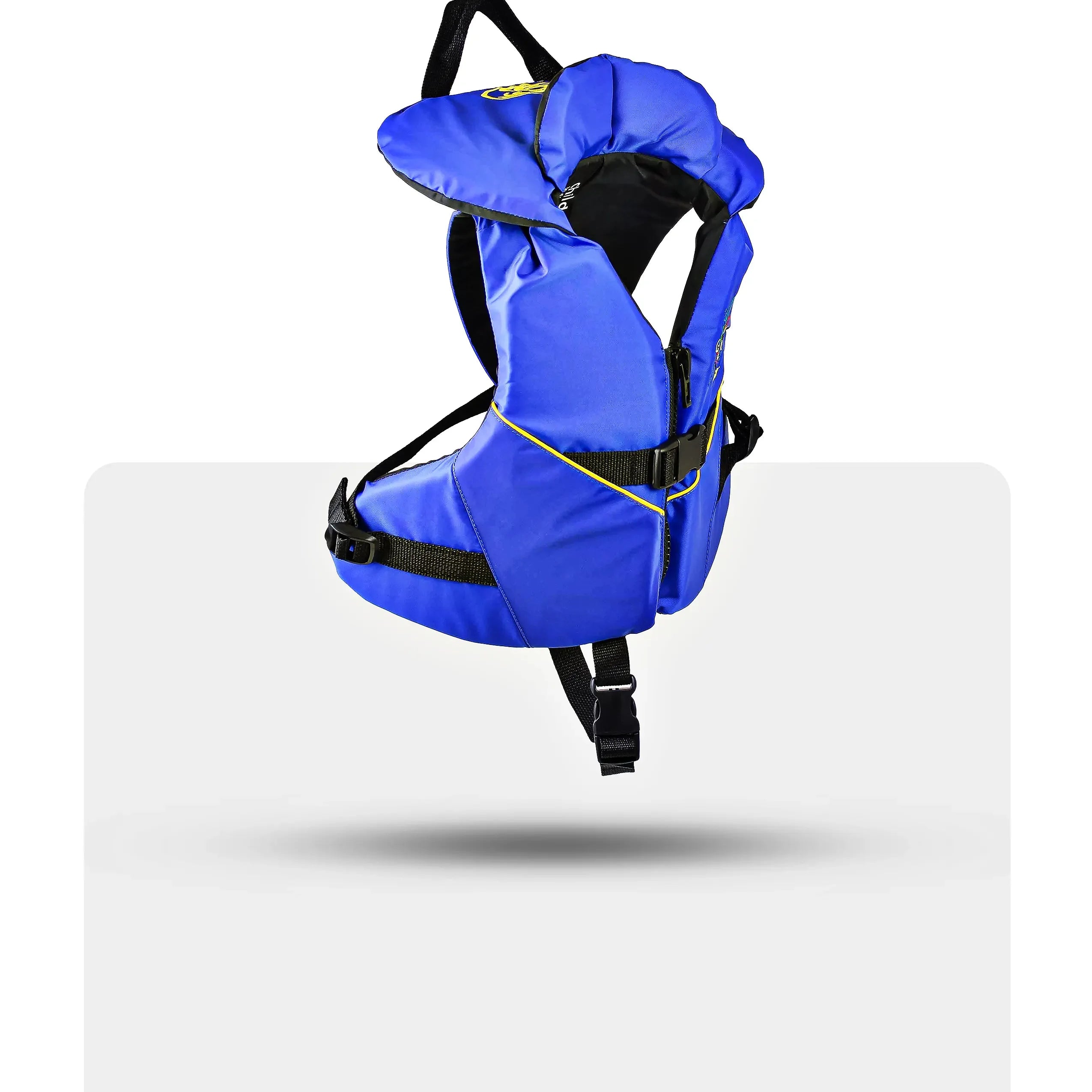 Stohlquist child blue and black life jacket, side view, for kayaking and paddling safety.