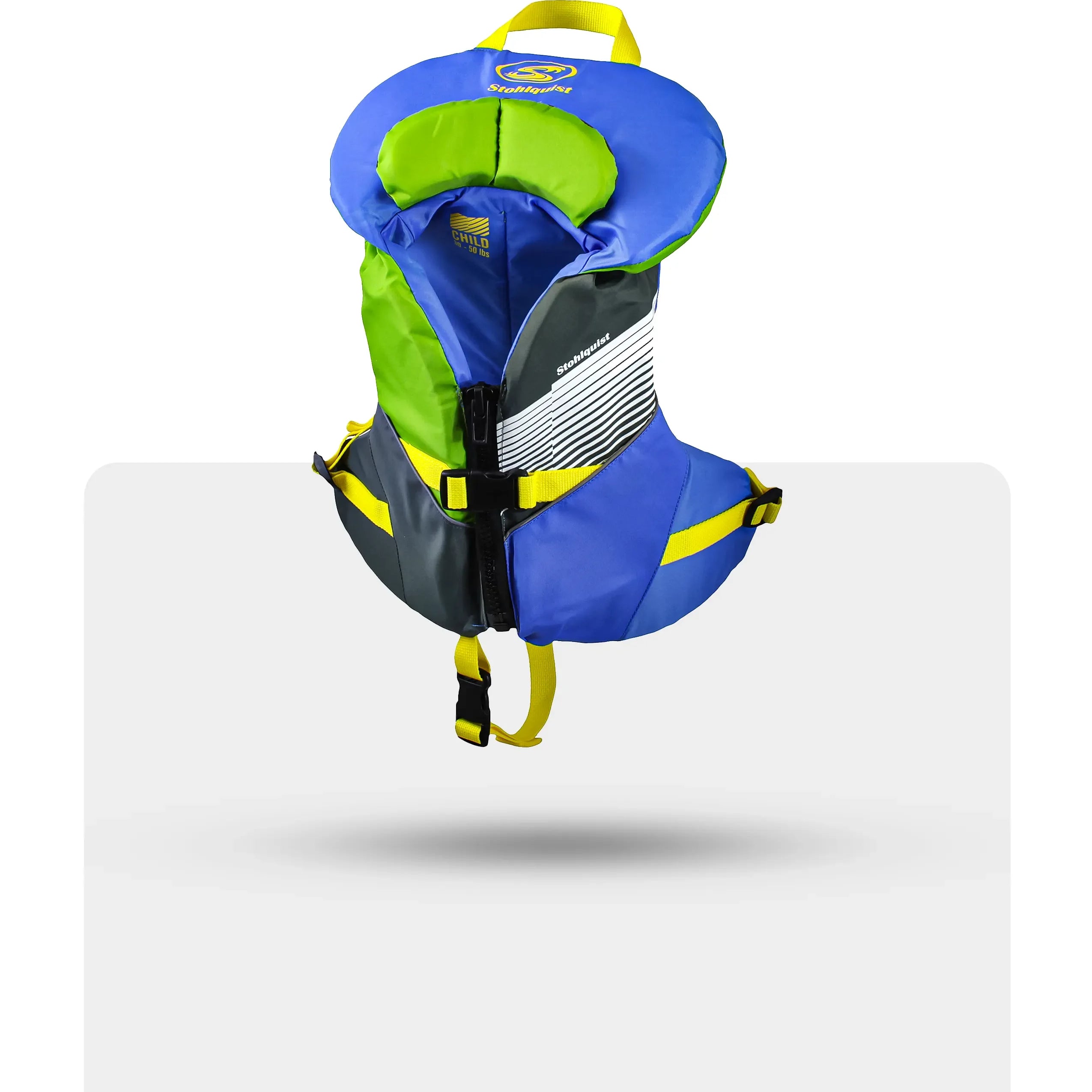 Stohlquist child life jacket in blue and green with safety straps, ideal for kayaking and water sports.