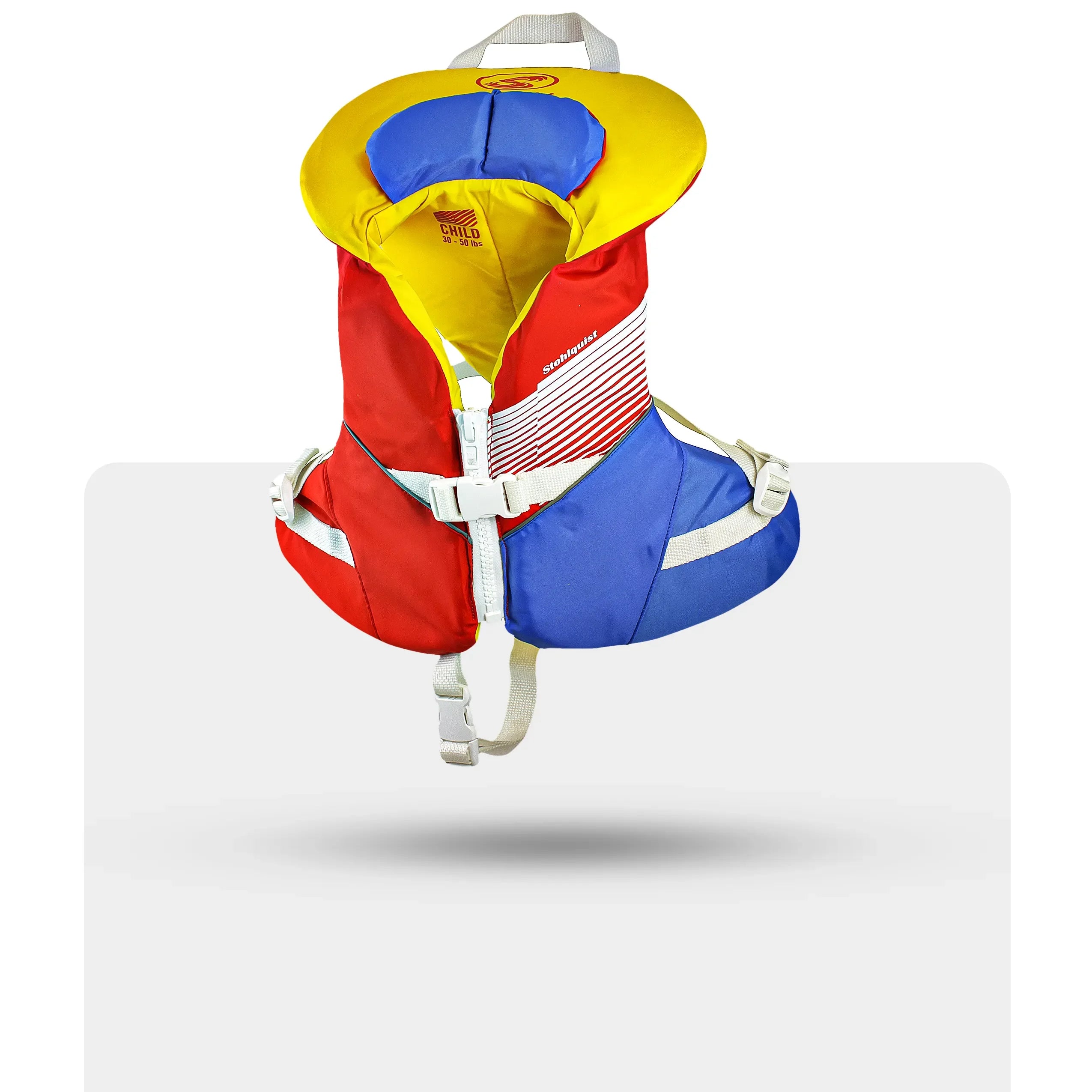 Stohlquist child life jacket, red, yellow, and blue, paddling safety gear on white background