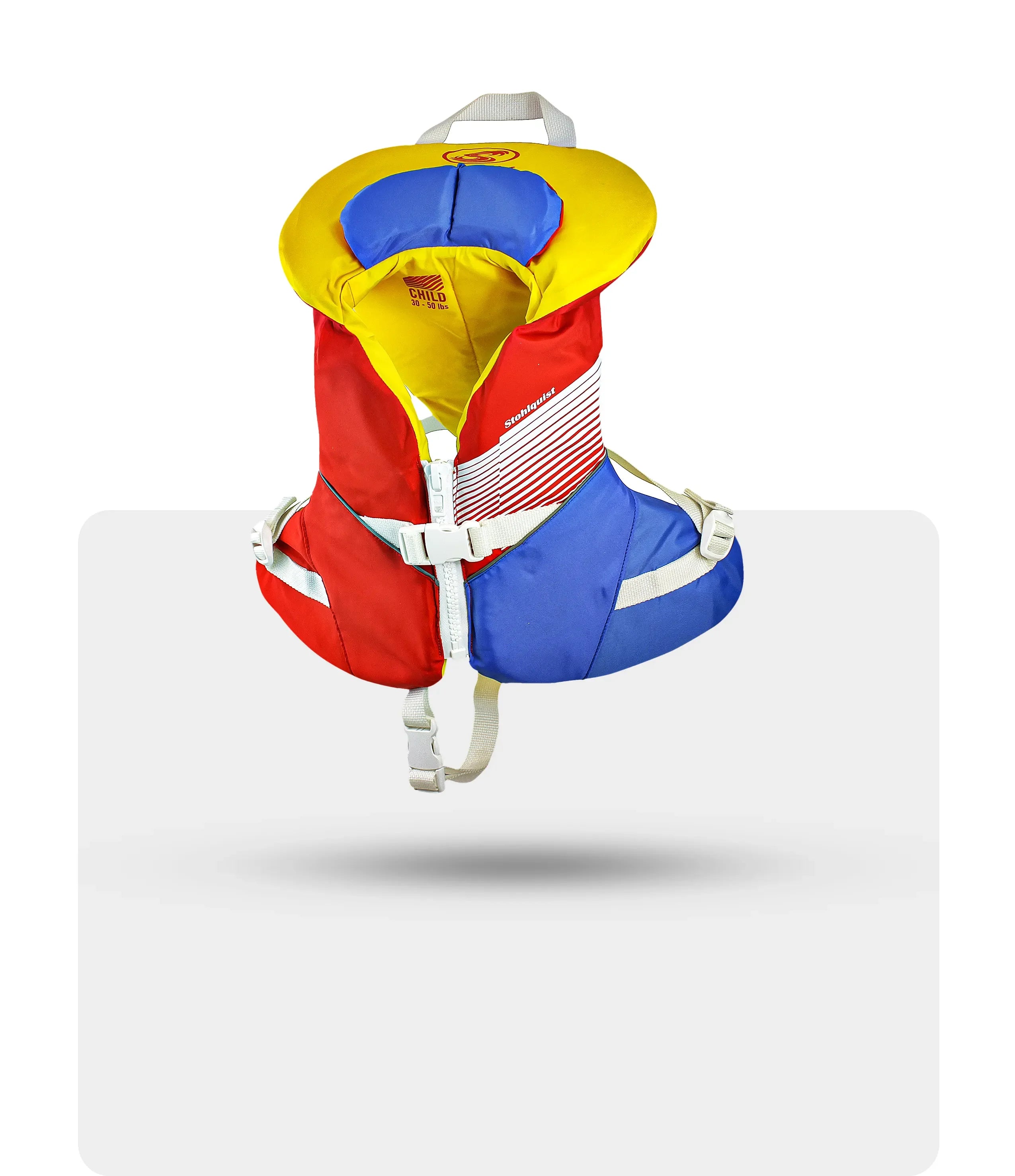 Stohlquist child life jacket, red, yellow, and blue, paddling safety gear on white background