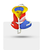 Stohlquist child life jacket, red, yellow, and blue, paddling safety gear on white background