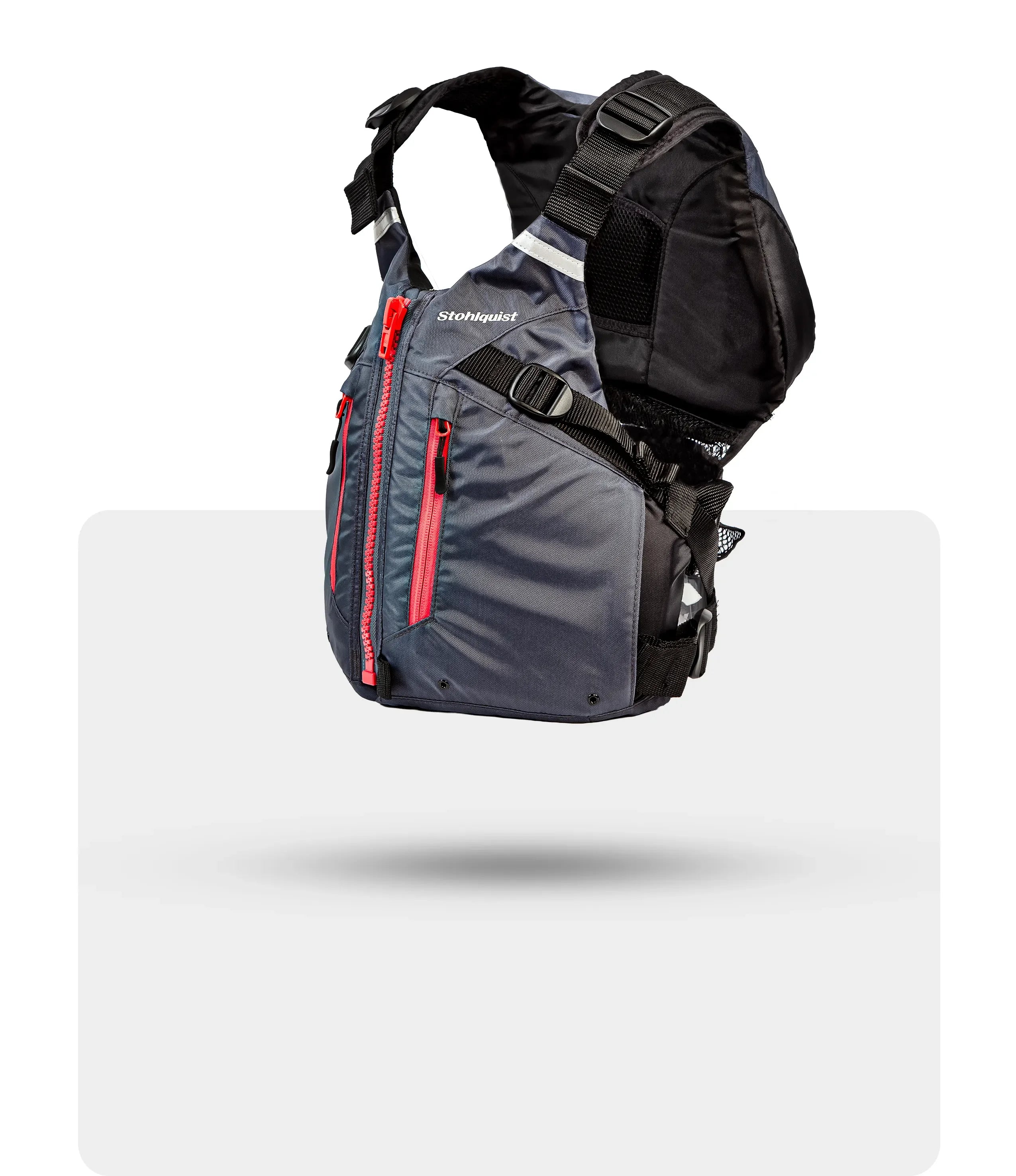 Stohlquist gray and coral kayaking life jacket with front zip and adjustable straps
