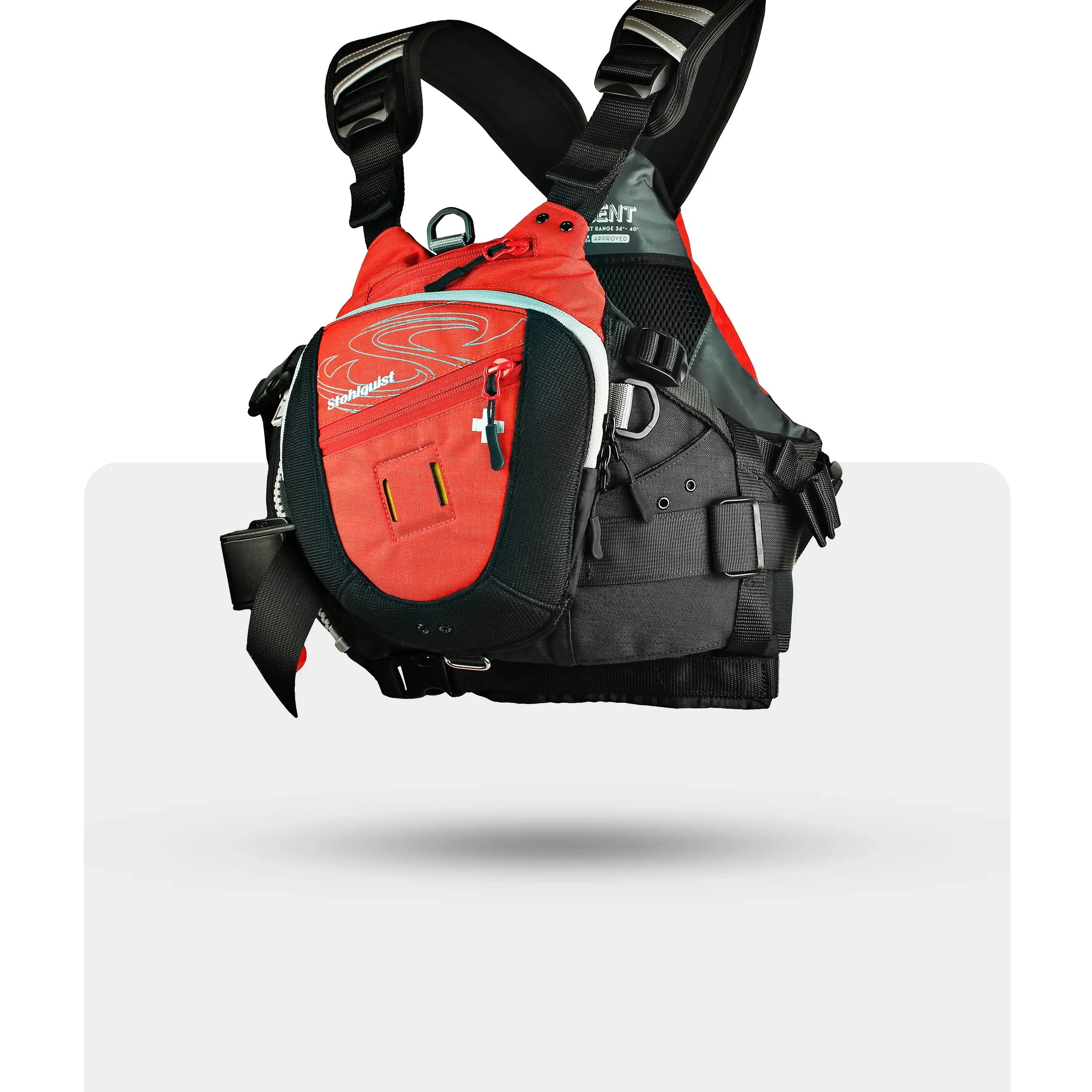 Stohlquist red and black kayaking life jacket with adjustable straps and front pocket