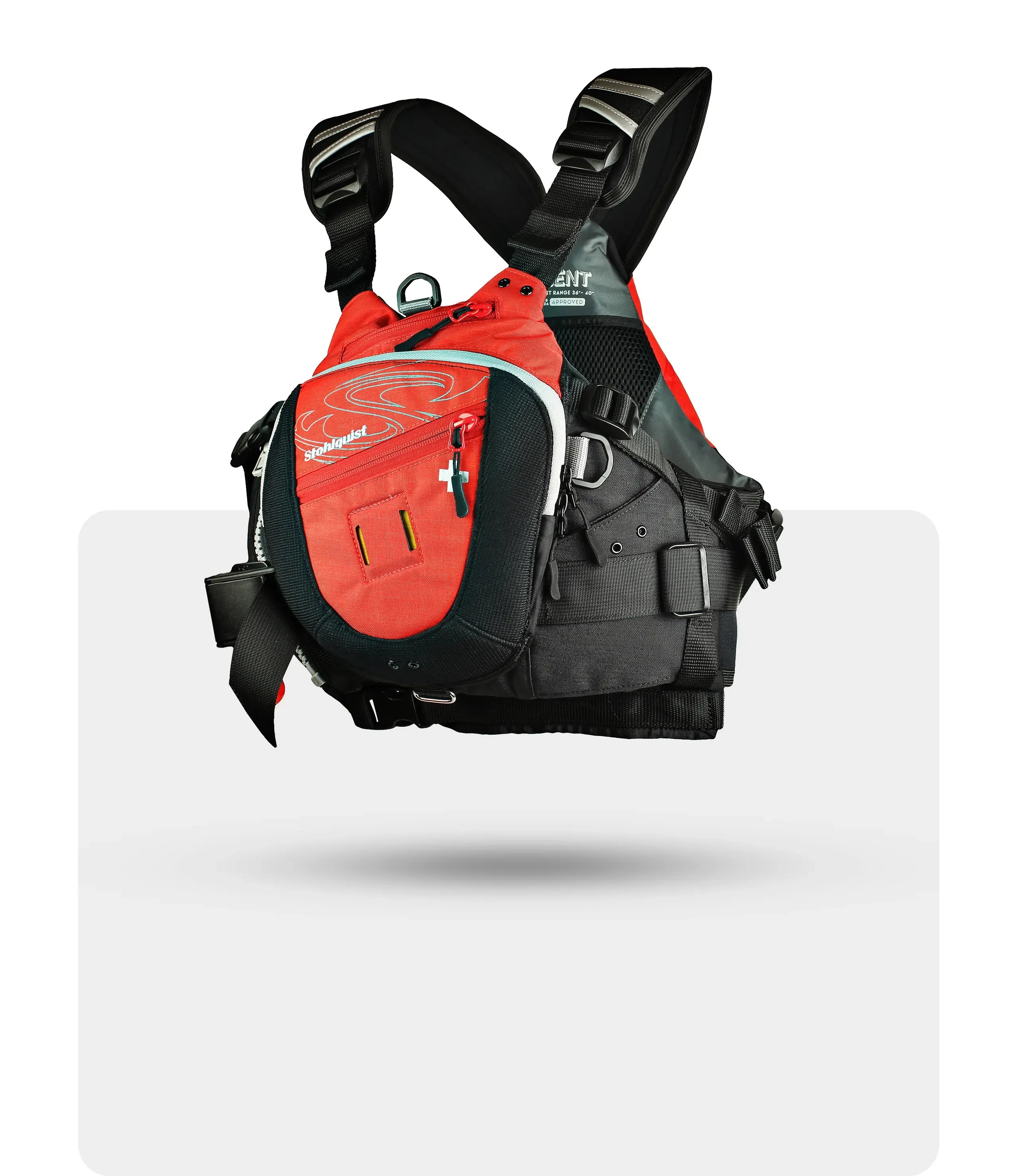 Stohlquist red and black kayaking life jacket with adjustable straps and front pocket