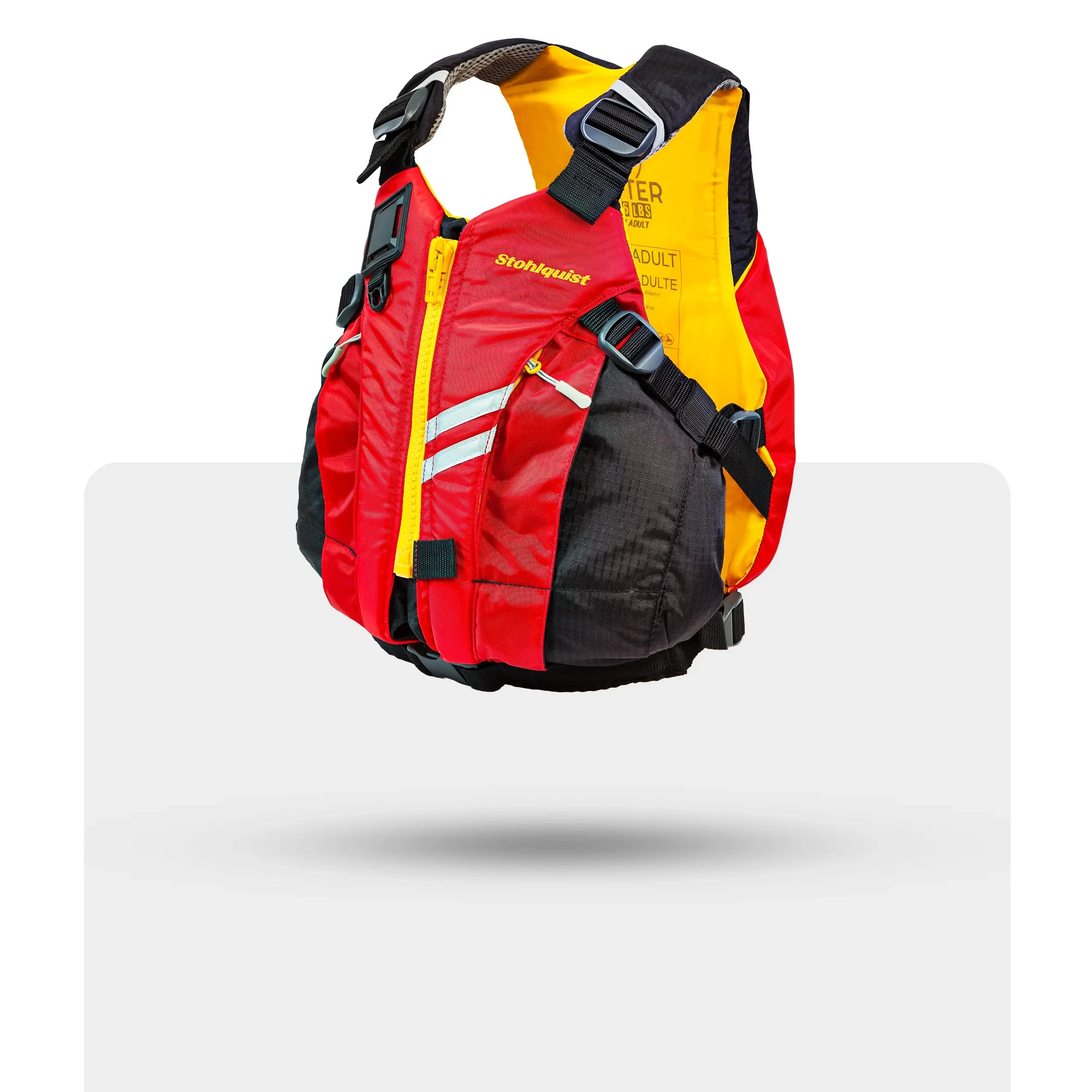 Stohlquist red and black youth kayaking life jacket with reflective details on white background