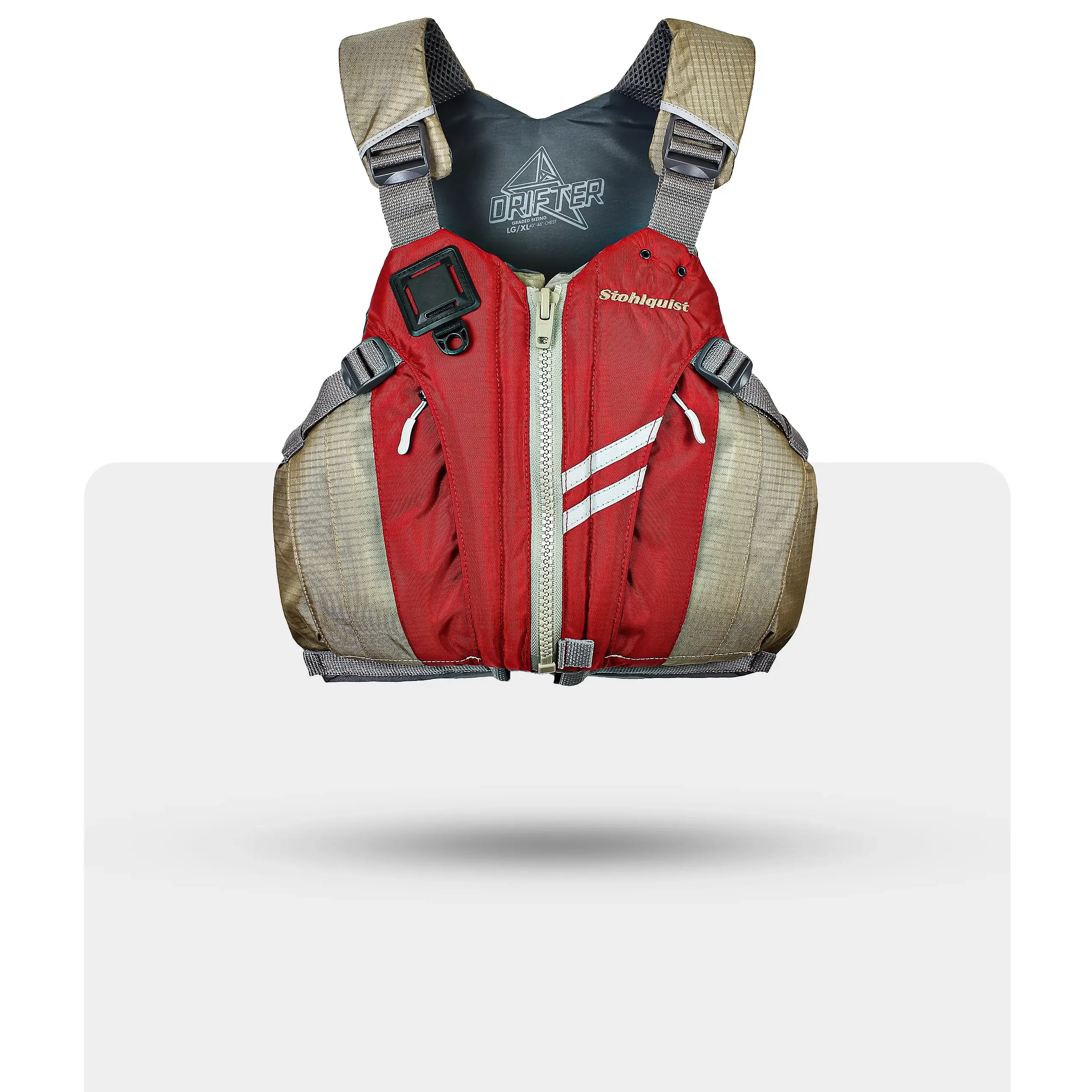 Stohlquist Drifter red kayaking life jacket with front pockets and safety features