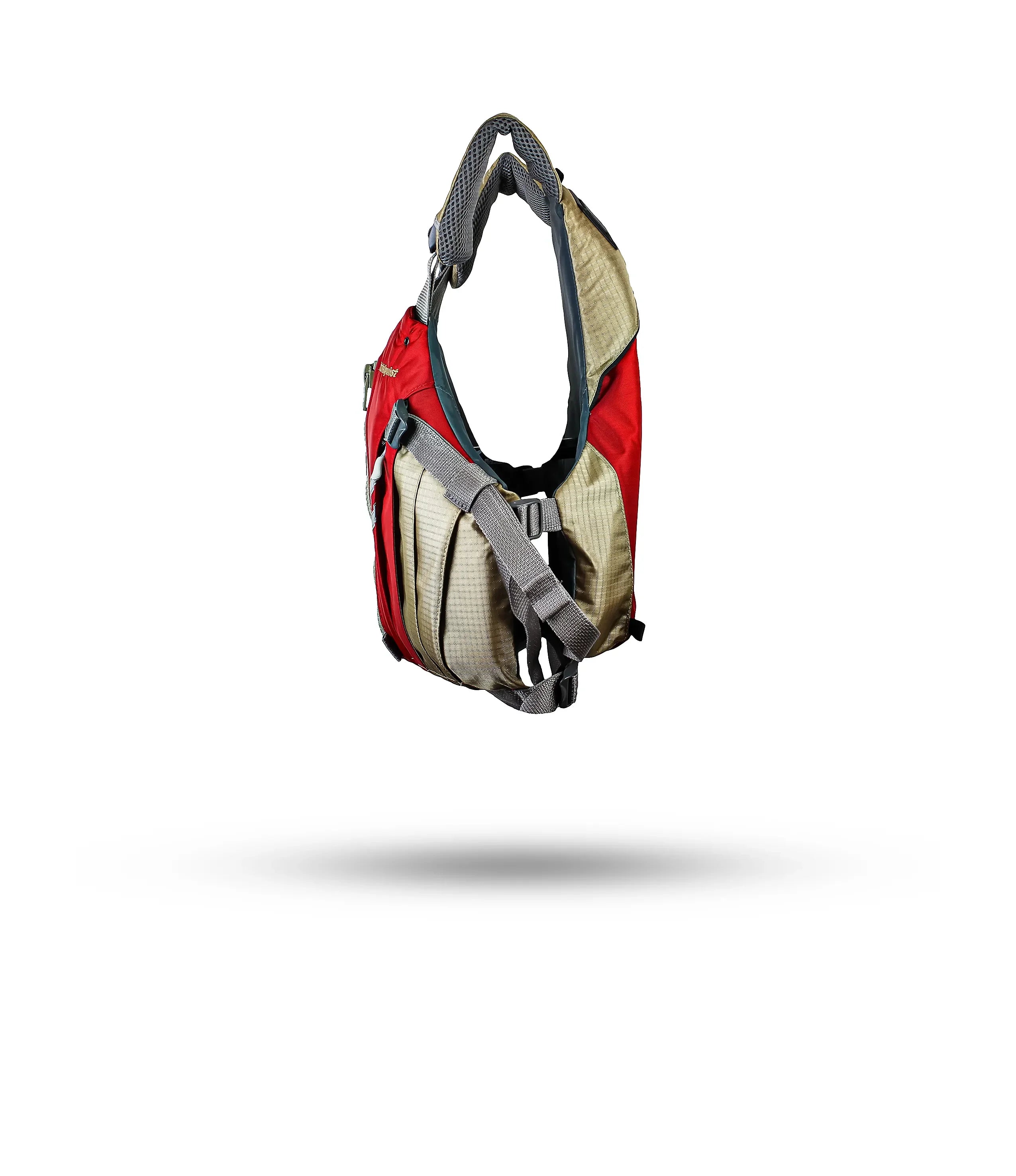 Stohlquist kayaking life jacket in red and beige, side view, isolated on white background