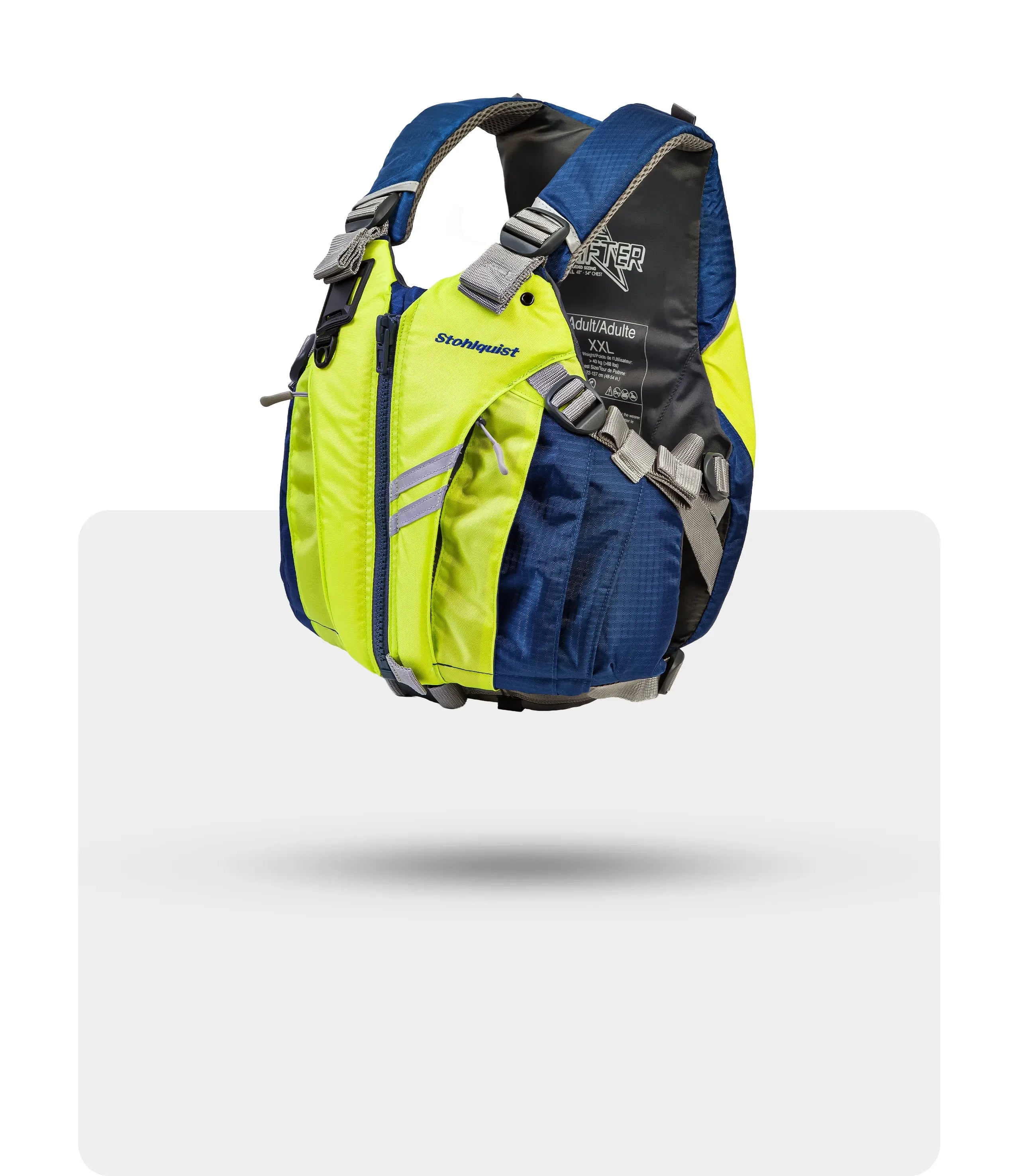 Stohlquist adult kayaking life jacket in blue and yellow with adjustable straps