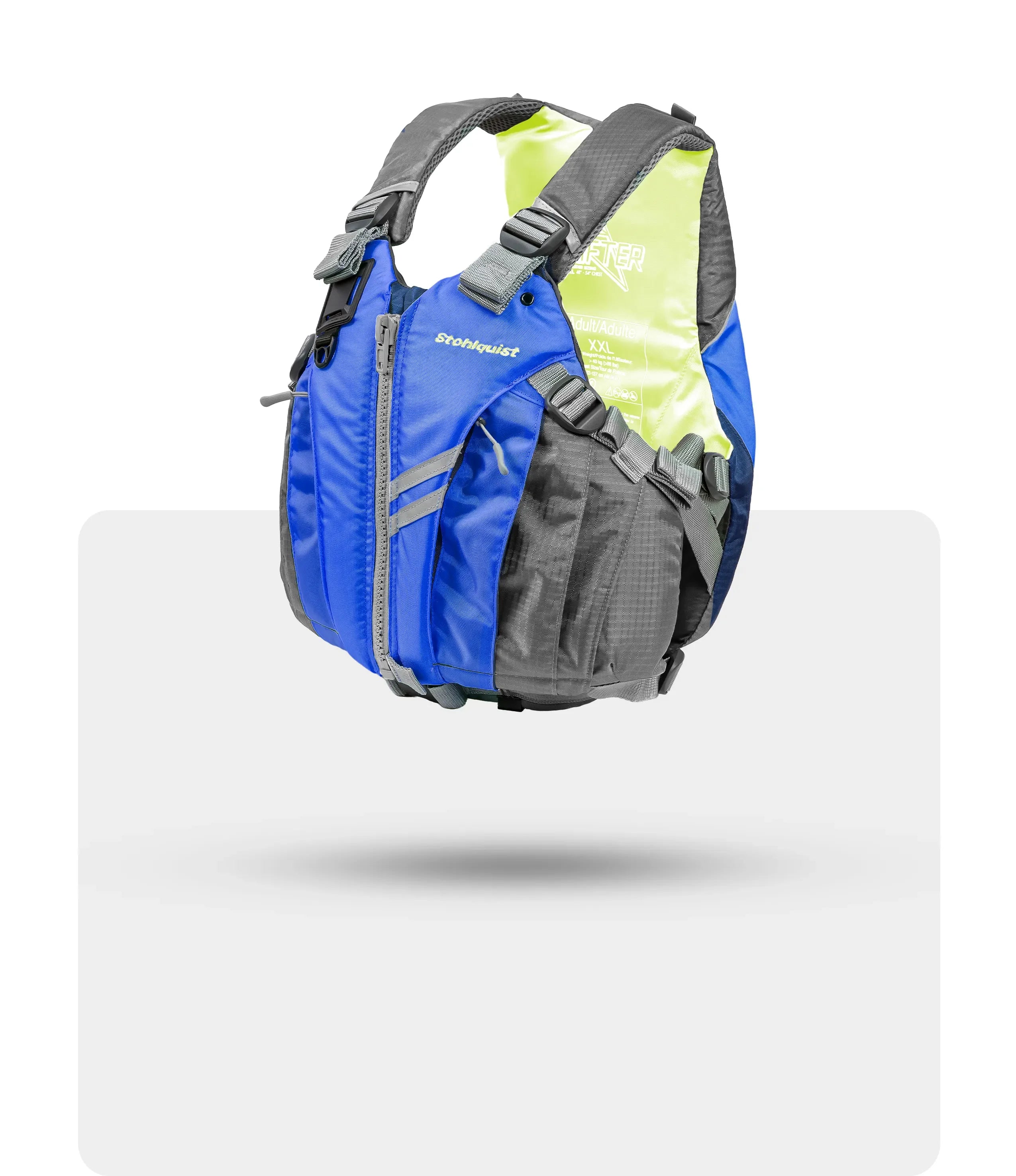 Stohlquist sapphire blue kayak life jacket with grey straps and bright yellow interior.