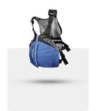Stohlquist navy blue kayaking life jacket with mesh back and adjustable straps, side view.