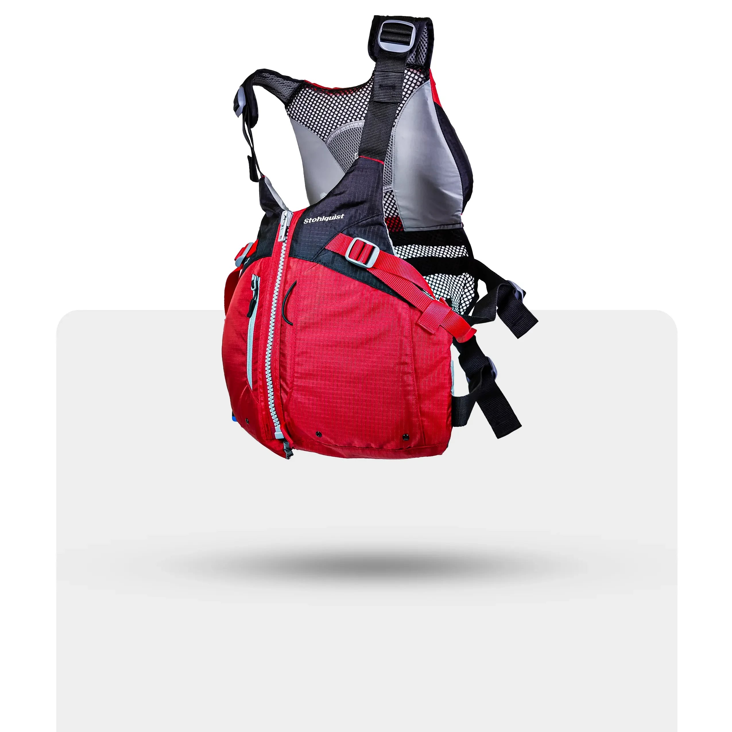 Stohlquist red kayaking life jacket with black mesh back and adjustable straps