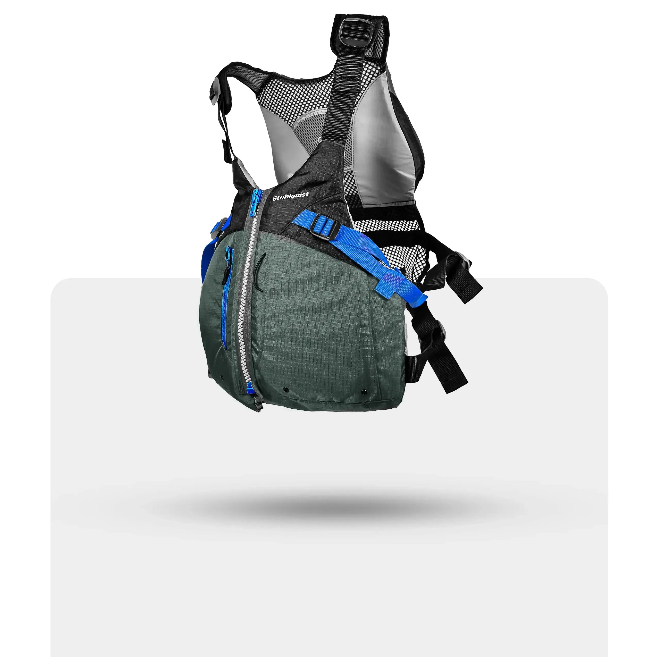 Stohlquist green and black kayaking life jacket with blue straps, mesh back, and front zipper.