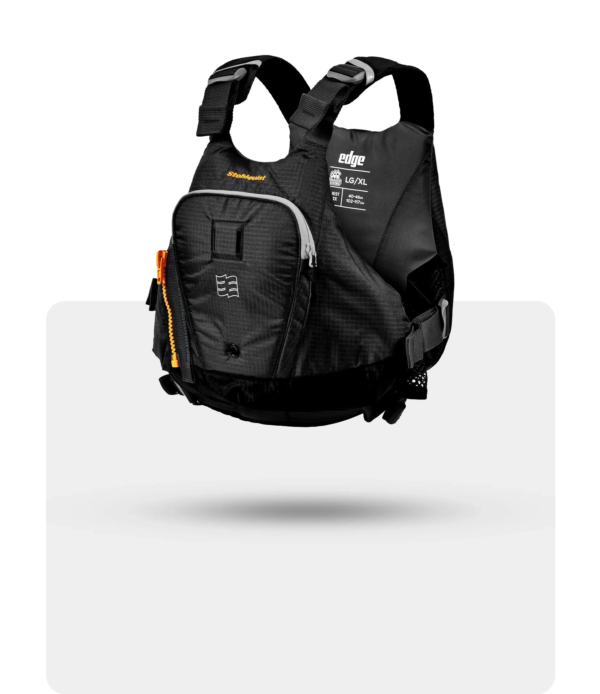 Stohlquist Edge black kayaking life jacket with front zip pocket and adjustable straps