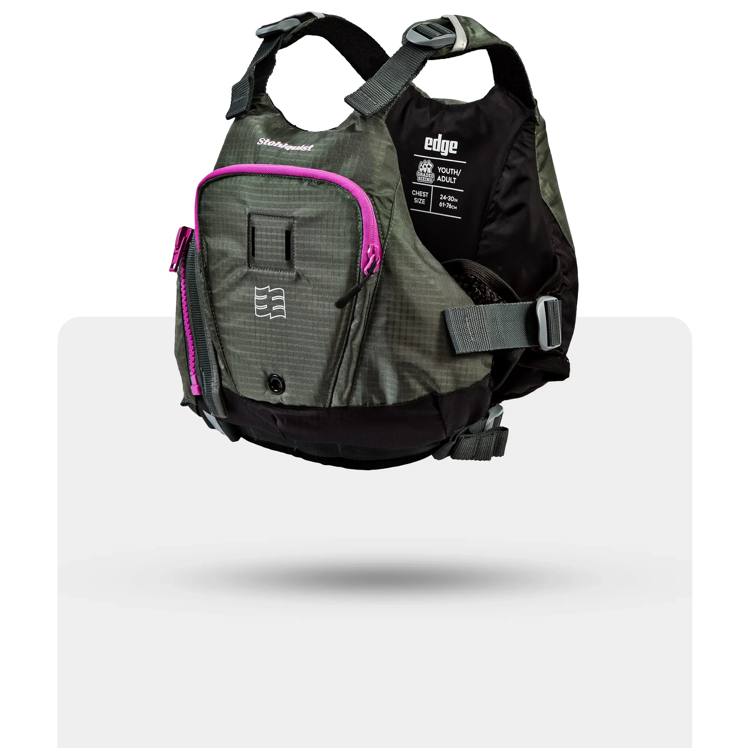 Stohlquist Edge gray kayaking life jacket with pink zipper, side view
