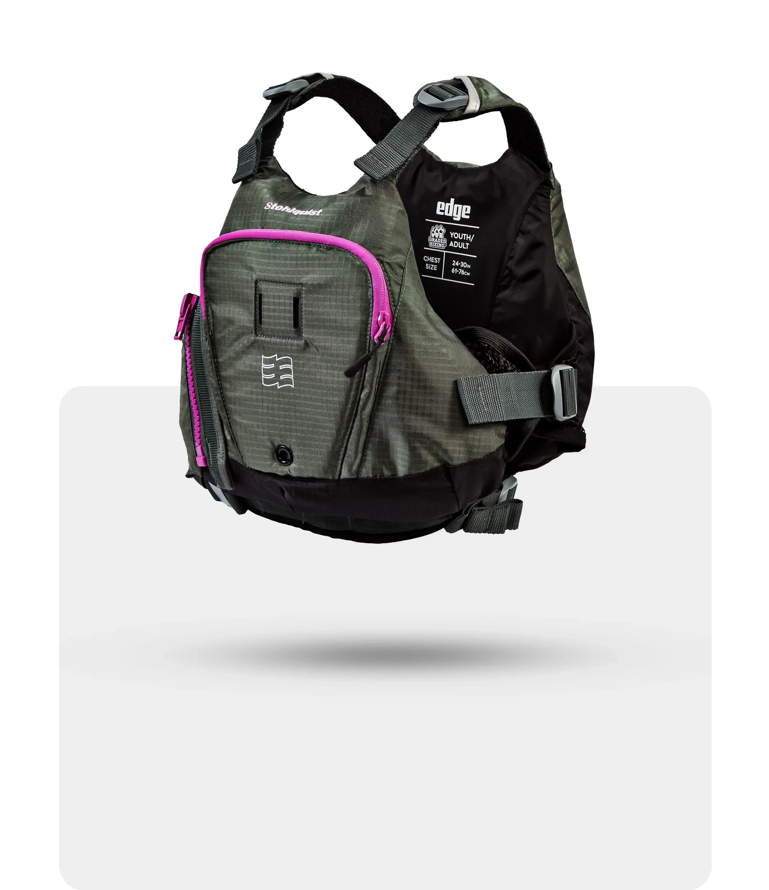 Stohlquist Edge gray kayaking life jacket with pink zipper, side view