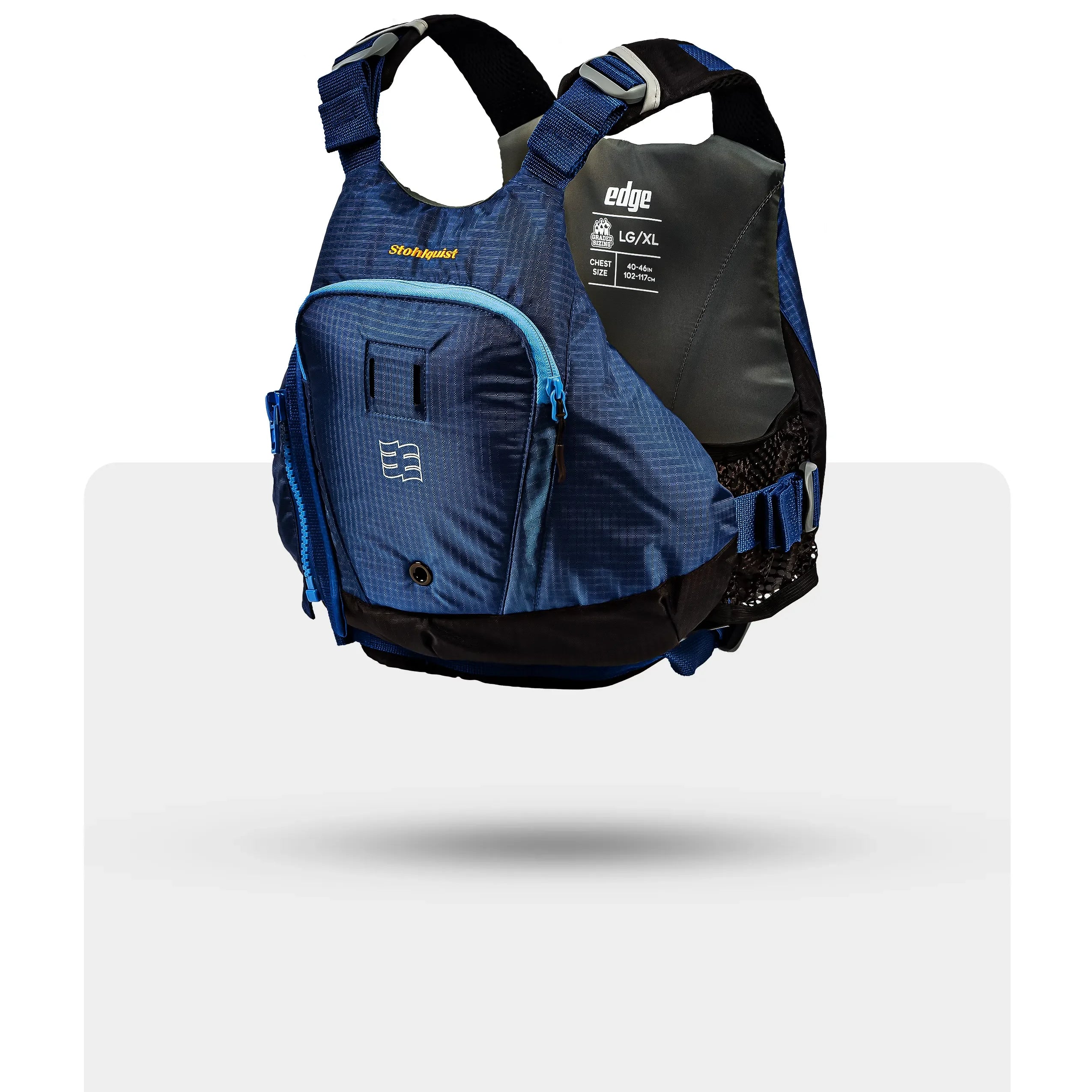 Stohlquist Edge navy kayaking life jacket with front pocket and adjustable straps