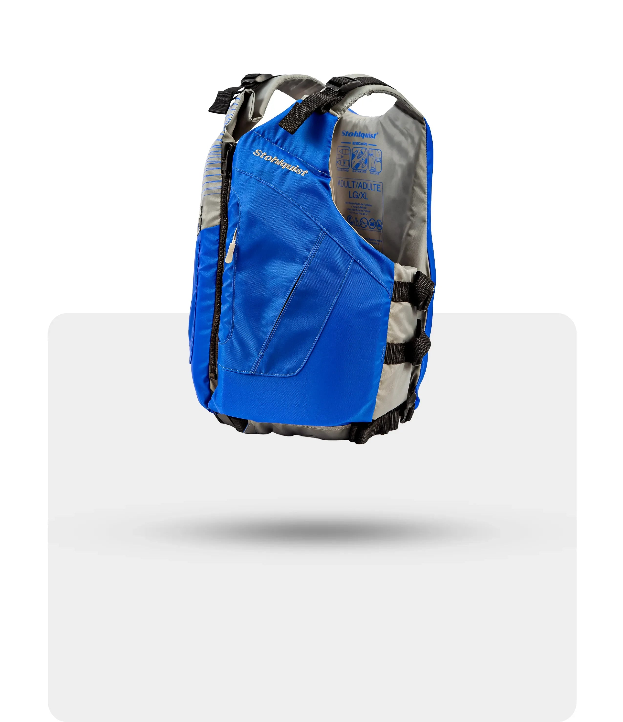 Stohlquist blue adult kayaking life jacket with adjustable straps on a white background