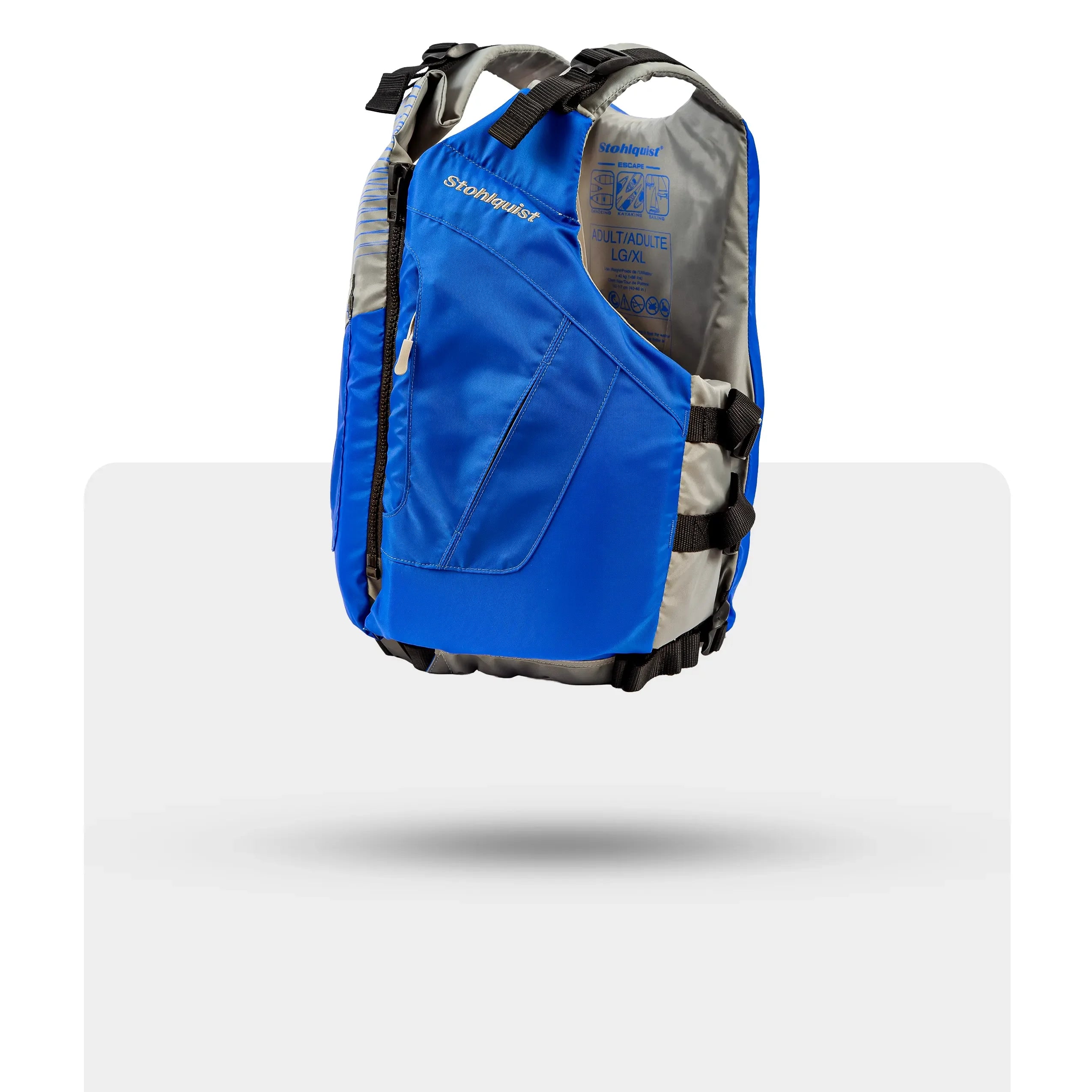 Stohlquist blue adult life jacket for kayaking and paddling safety, side view