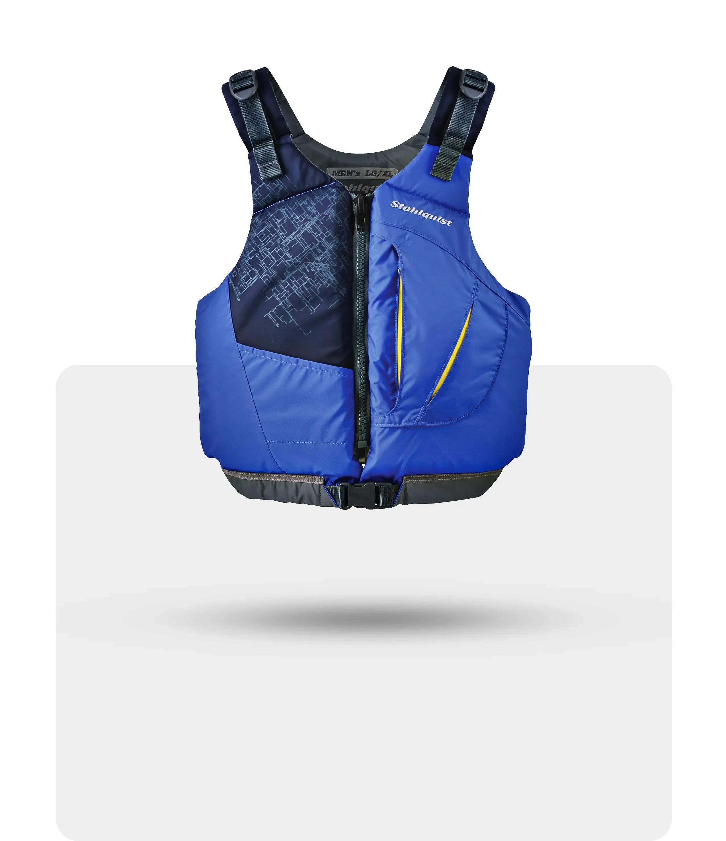 Stohlquist blue kayaking life jacket with black straps and geometric pattern, front view