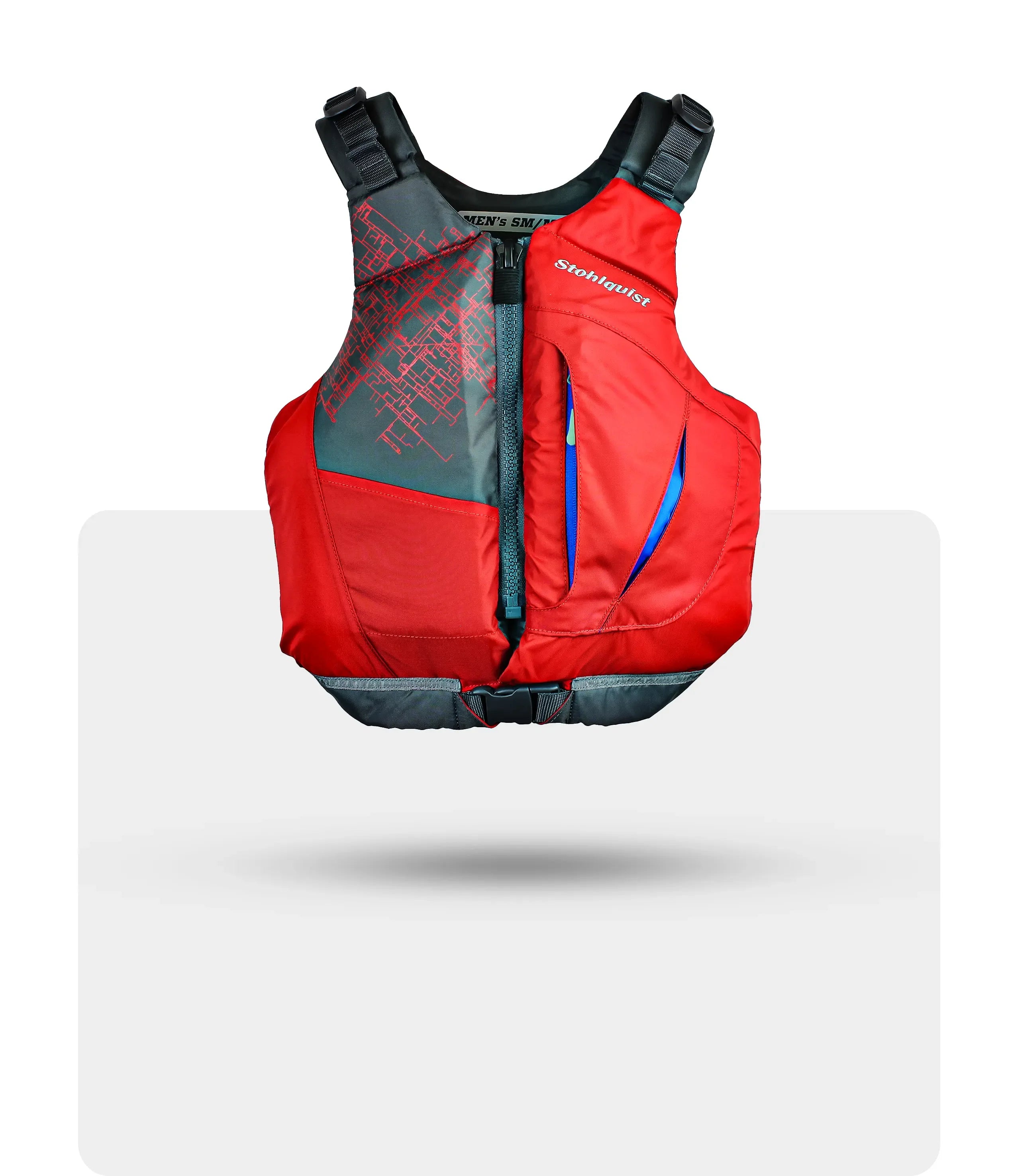 Stohlquist red kayaking life jacket with front zipper and geometric pattern, isolated on white