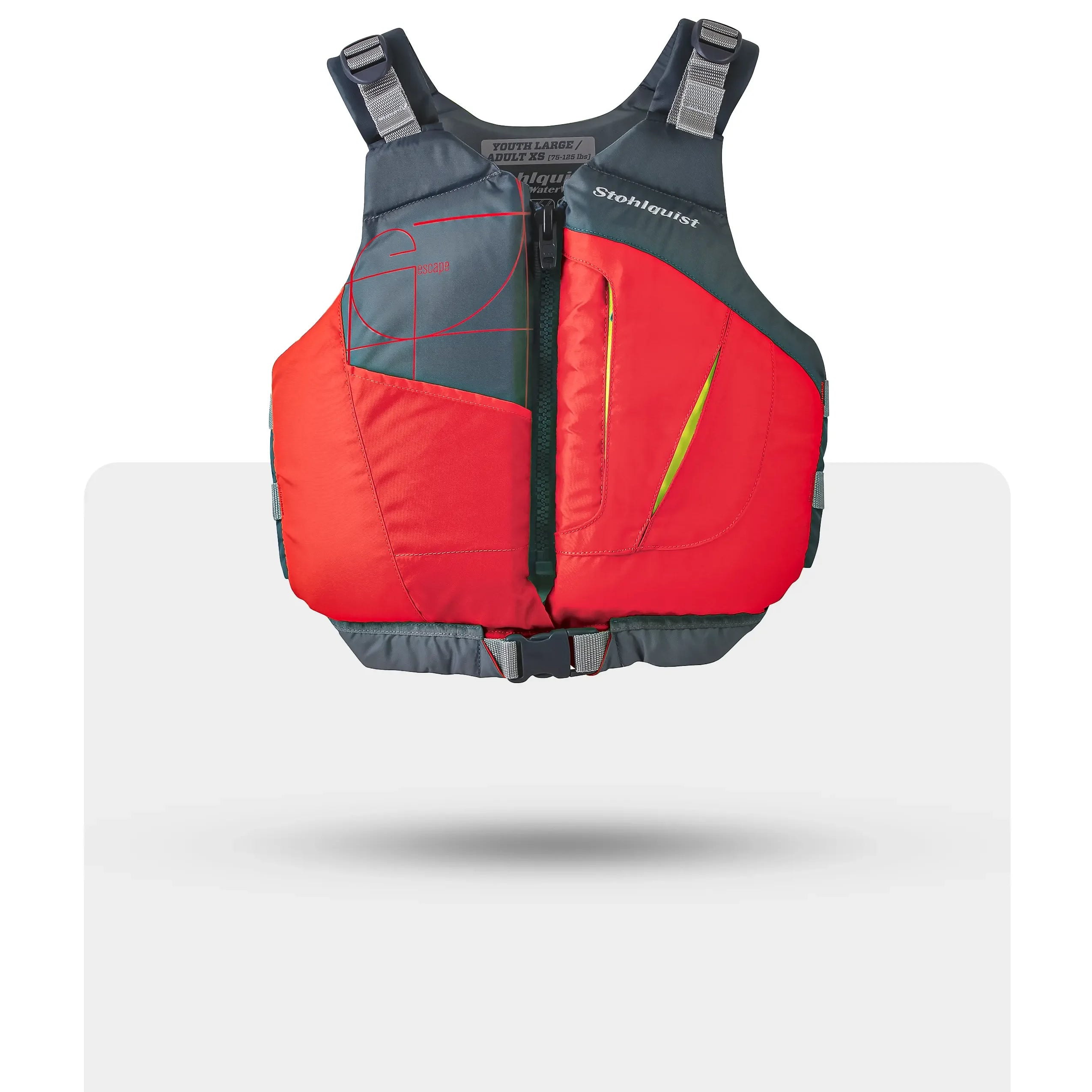 Stohlquist red youth and adult kayaking life jacket with front zipper and pocket