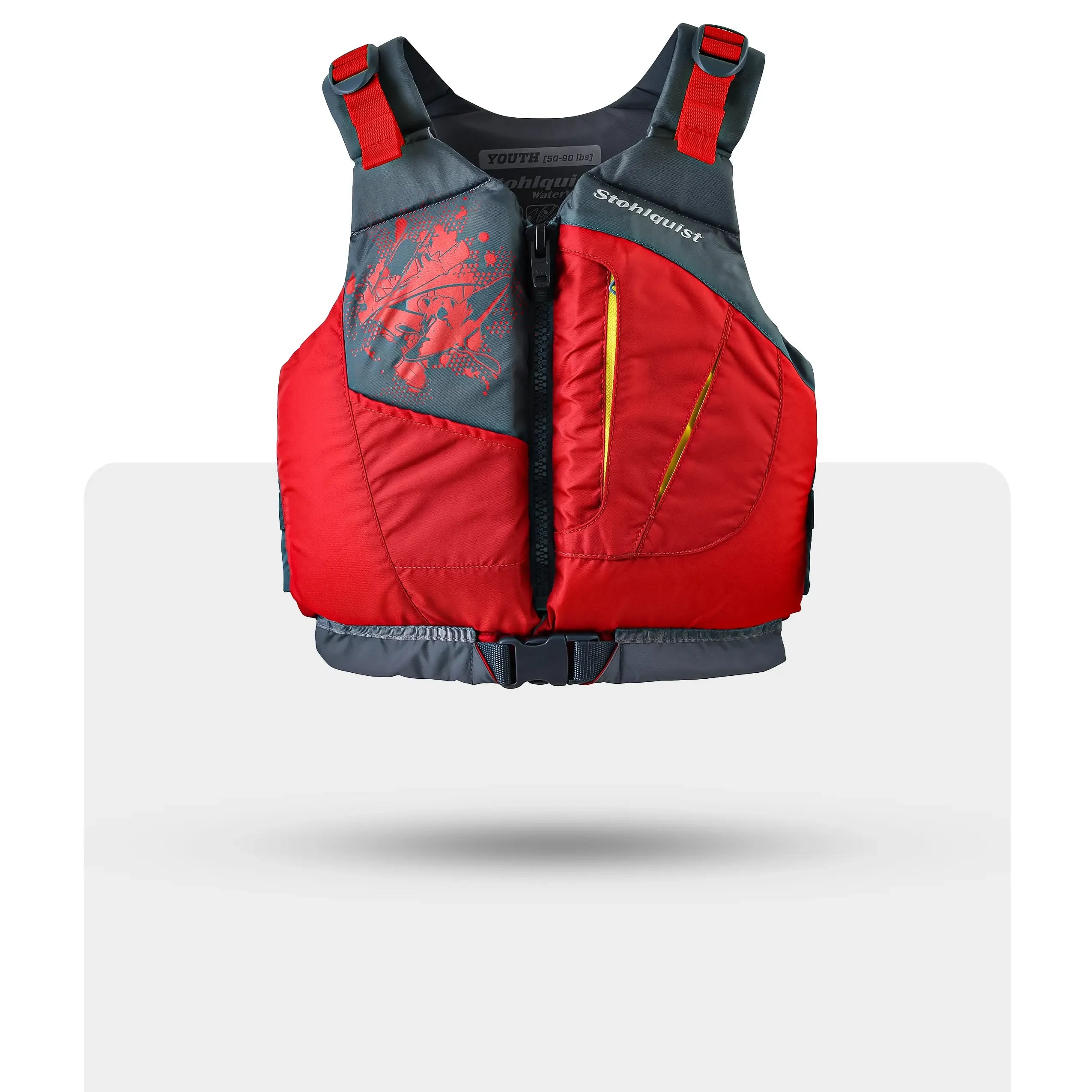 Stohlquist red youth kayaking life jacket with front zipper and adjustable straps