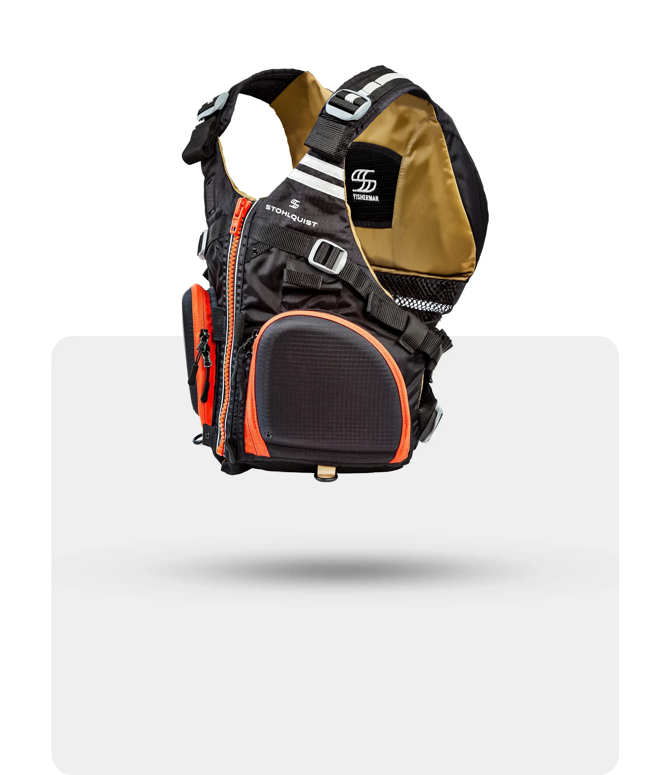 Stohlquist black and tan fishing life jacket with front zip, pockets, and reflective accents