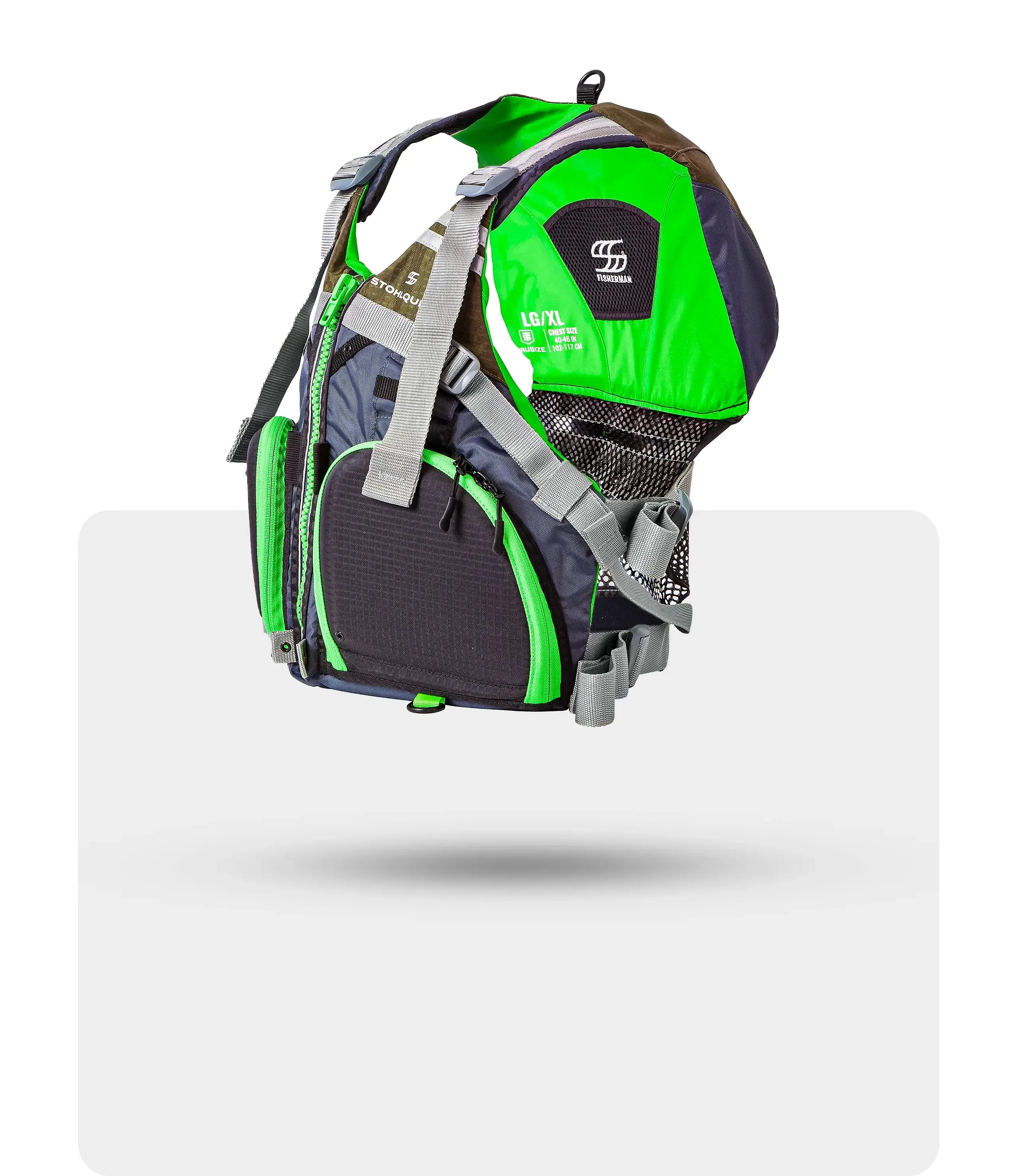 Stohlquist green fishing life jacket with pockets, adjustable straps, and mesh details