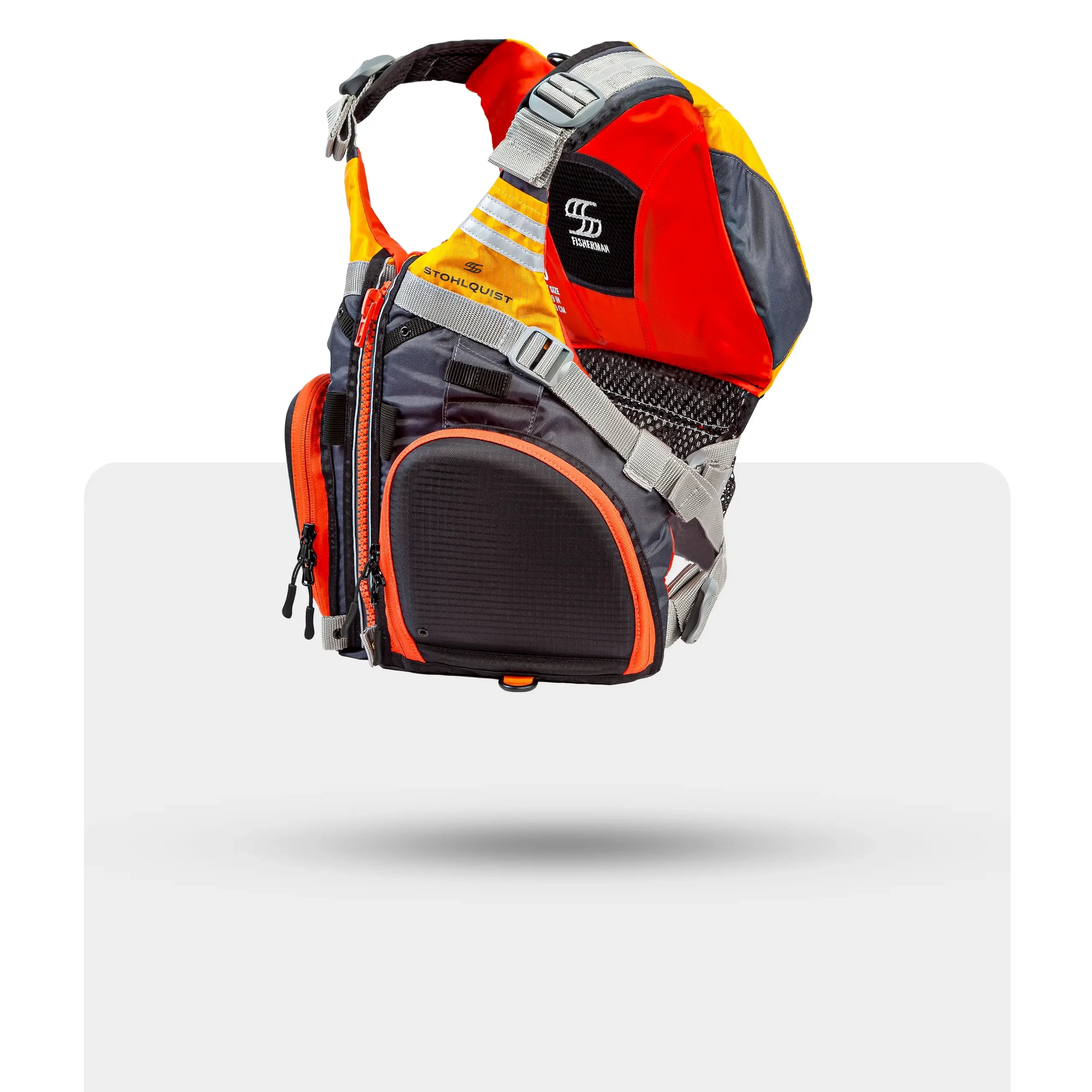 Stohlquist fishing life jacket with pockets, high-visibility orange and yellow design