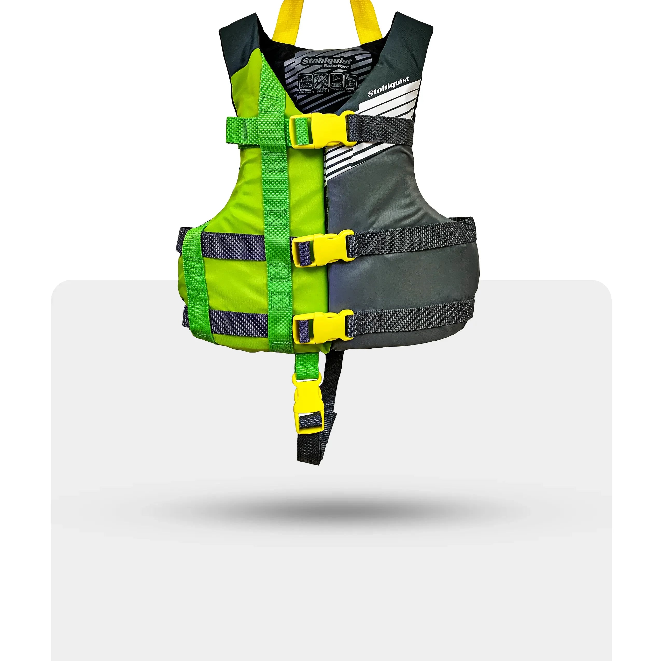 Stohlquist kids' gray and green kayaking life jacket with yellow straps on white background