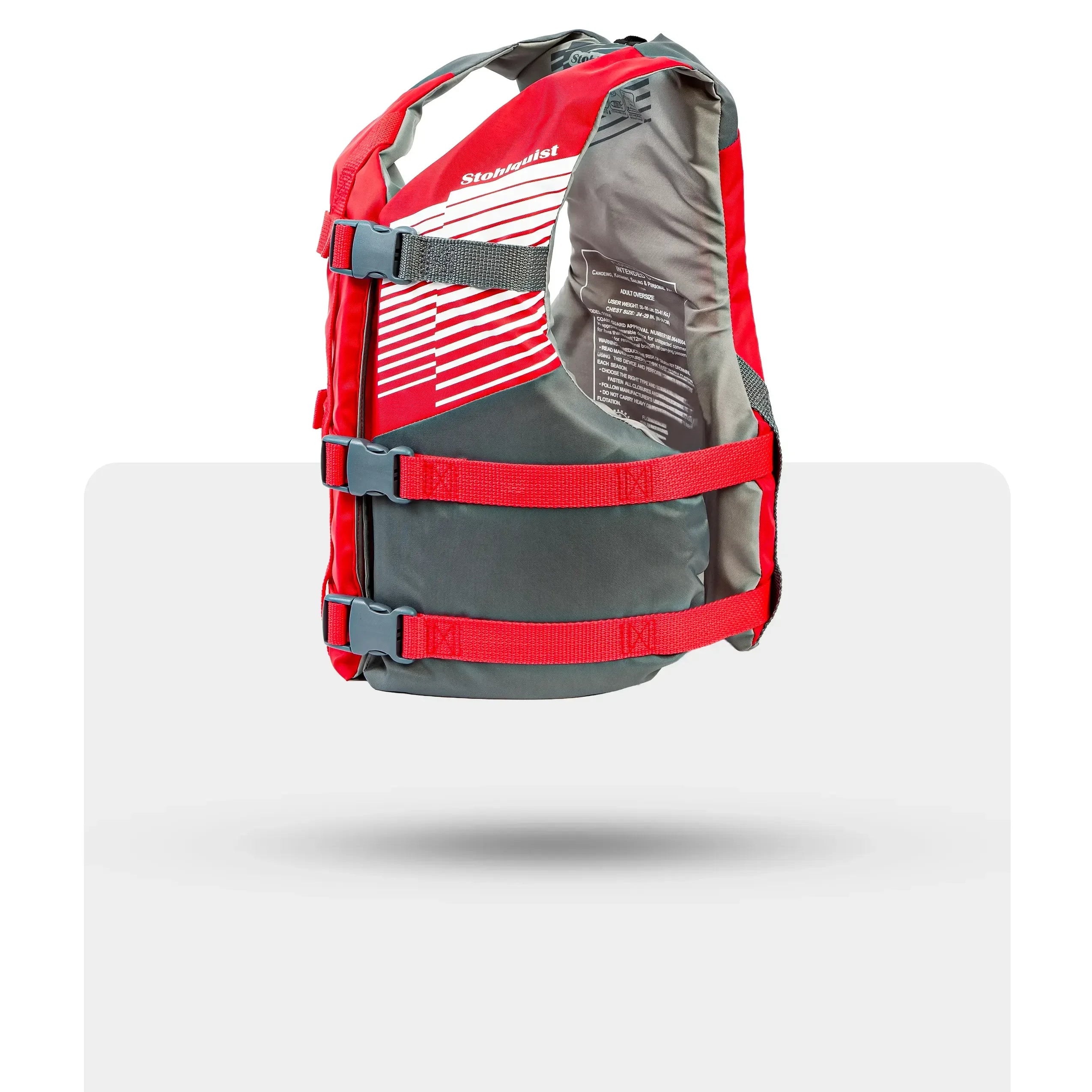 Stohlquist red and gray kayaking life jacket with adjustable straps, side view