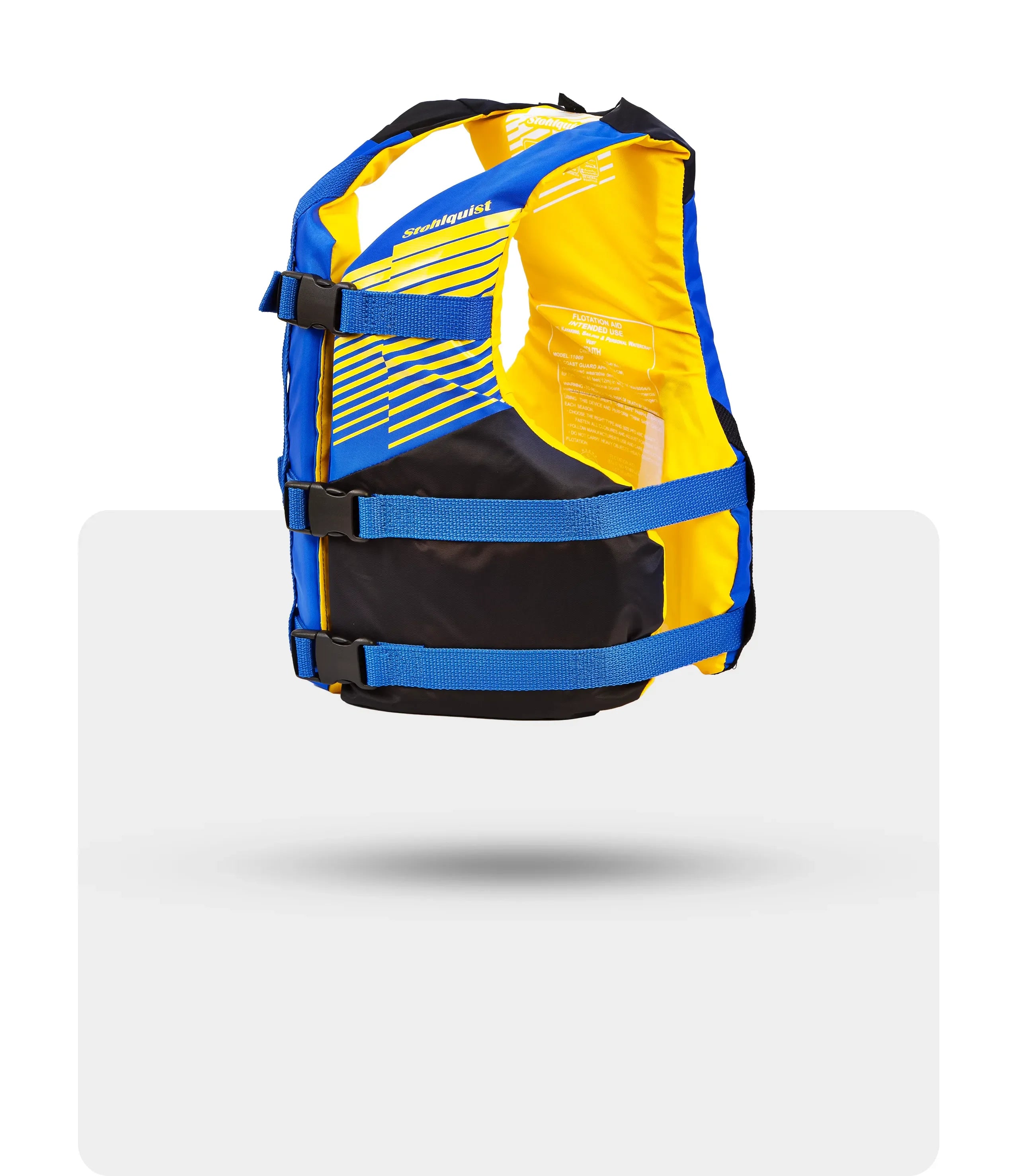 Stohlquist youth kayaking life jacket in blue, yellow, and black with adjustable straps.
