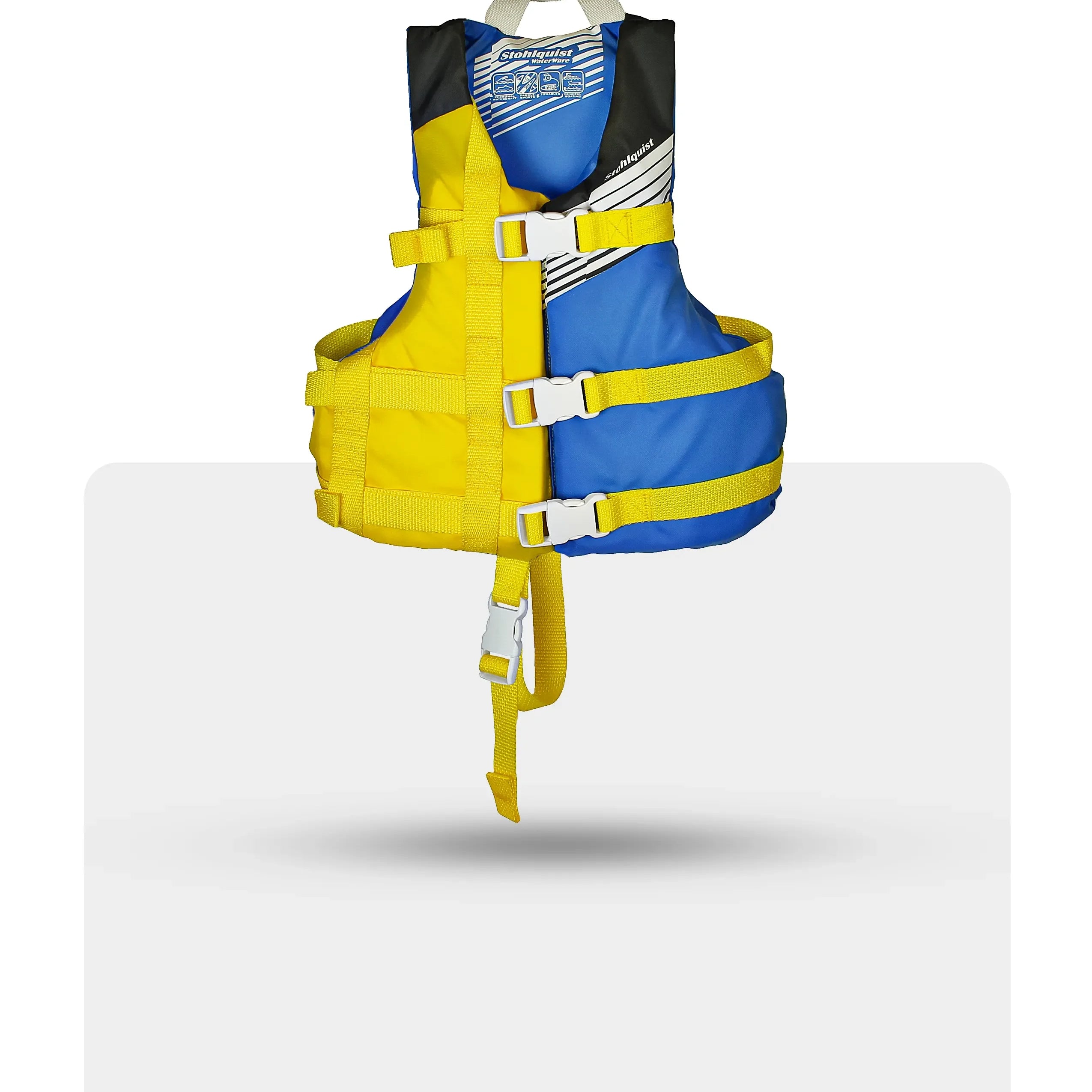 Stohlquist youth life jacket in blue and yellow with safety straps for kayaking or paddling