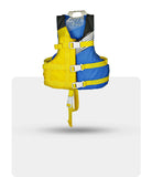Stohlquist youth life jacket in blue and yellow with safety straps for kayaking or paddling