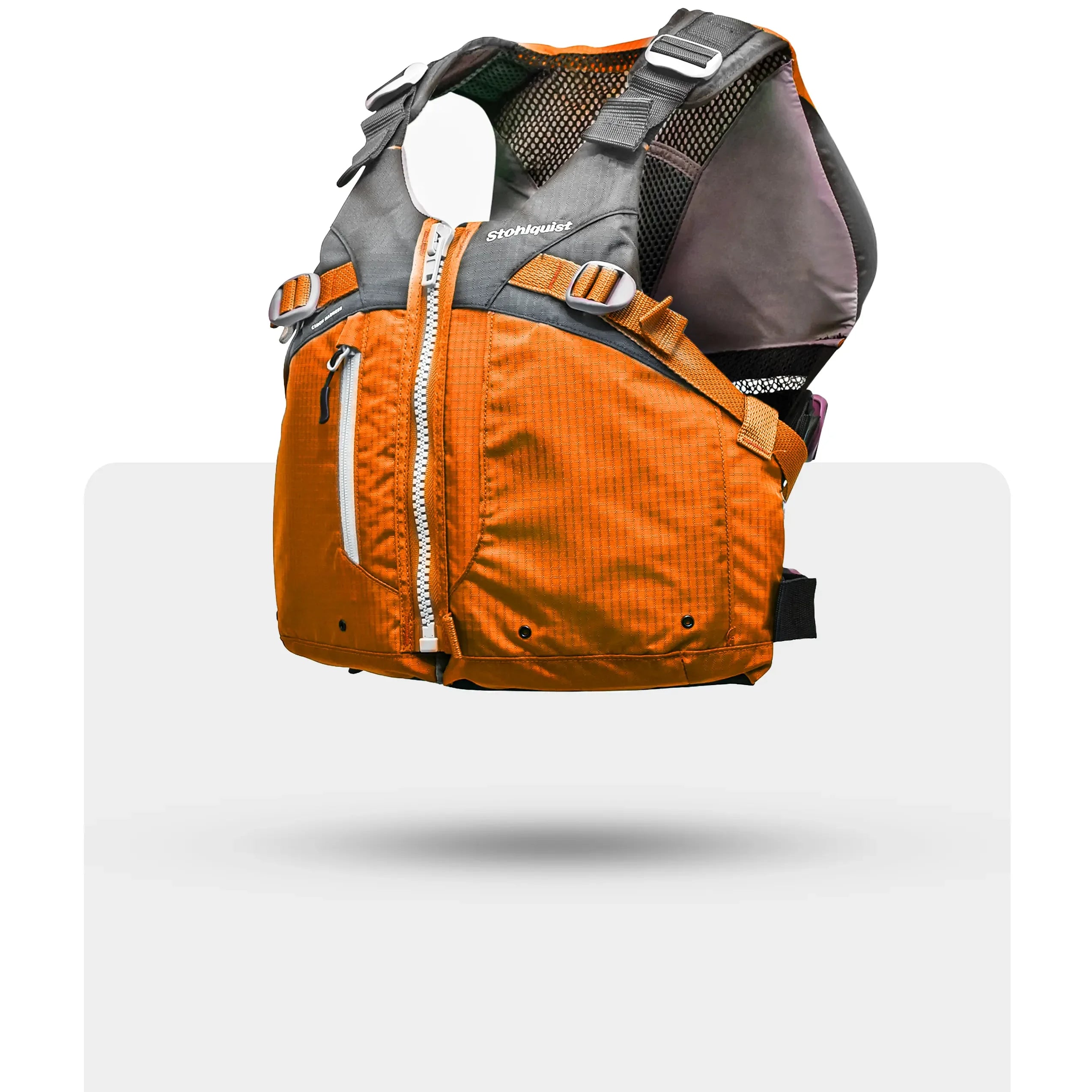 Stohlquist orange and gray kayaking life jacket with front zipper and mesh back, floating on white background.