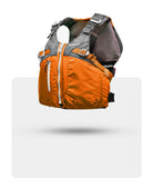 Stohlquist orange and gray kayaking life jacket with front zipper and mesh back, floating on white background.