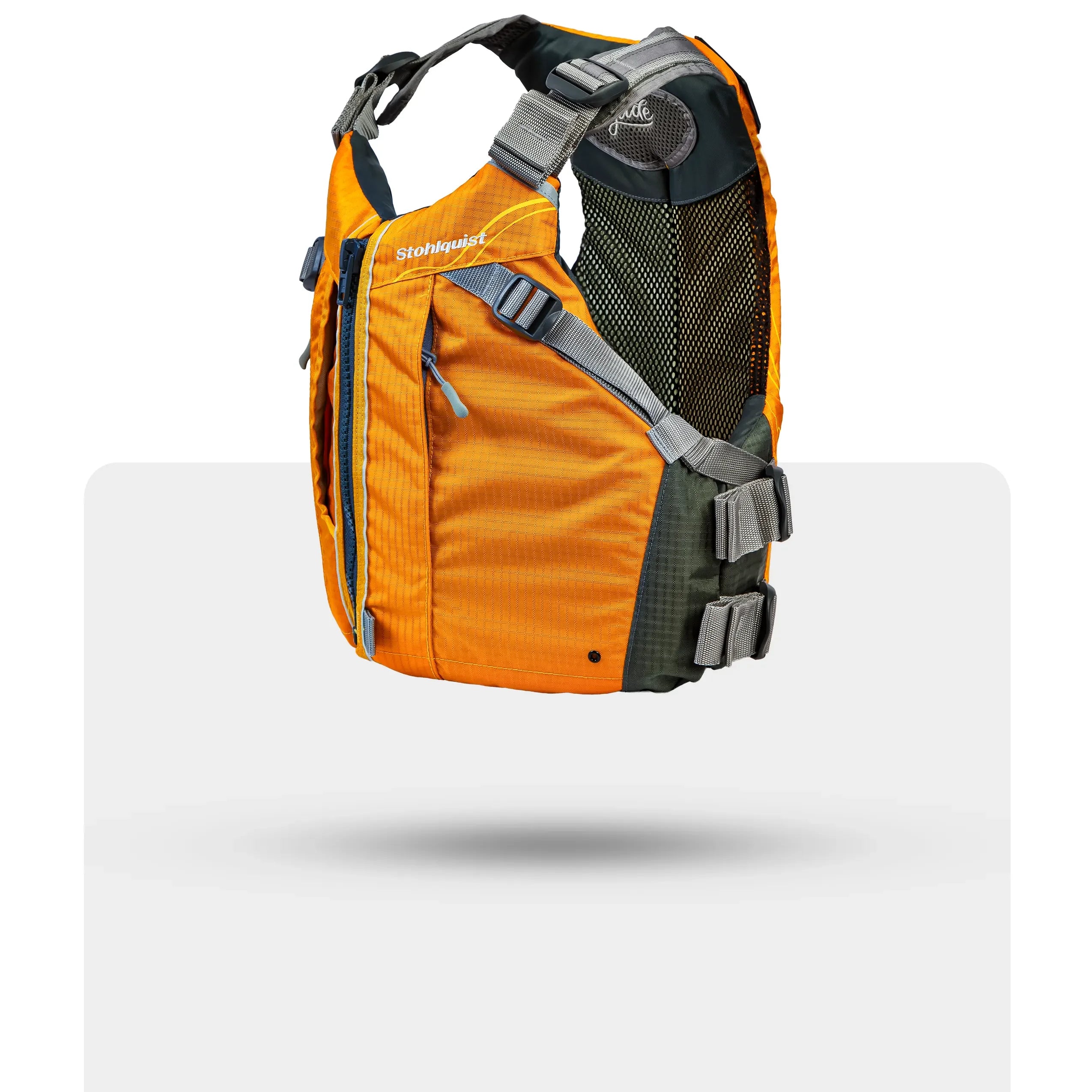 Stohlquist orange kayaking and paddling life jacket with adjustable straps and mesh back