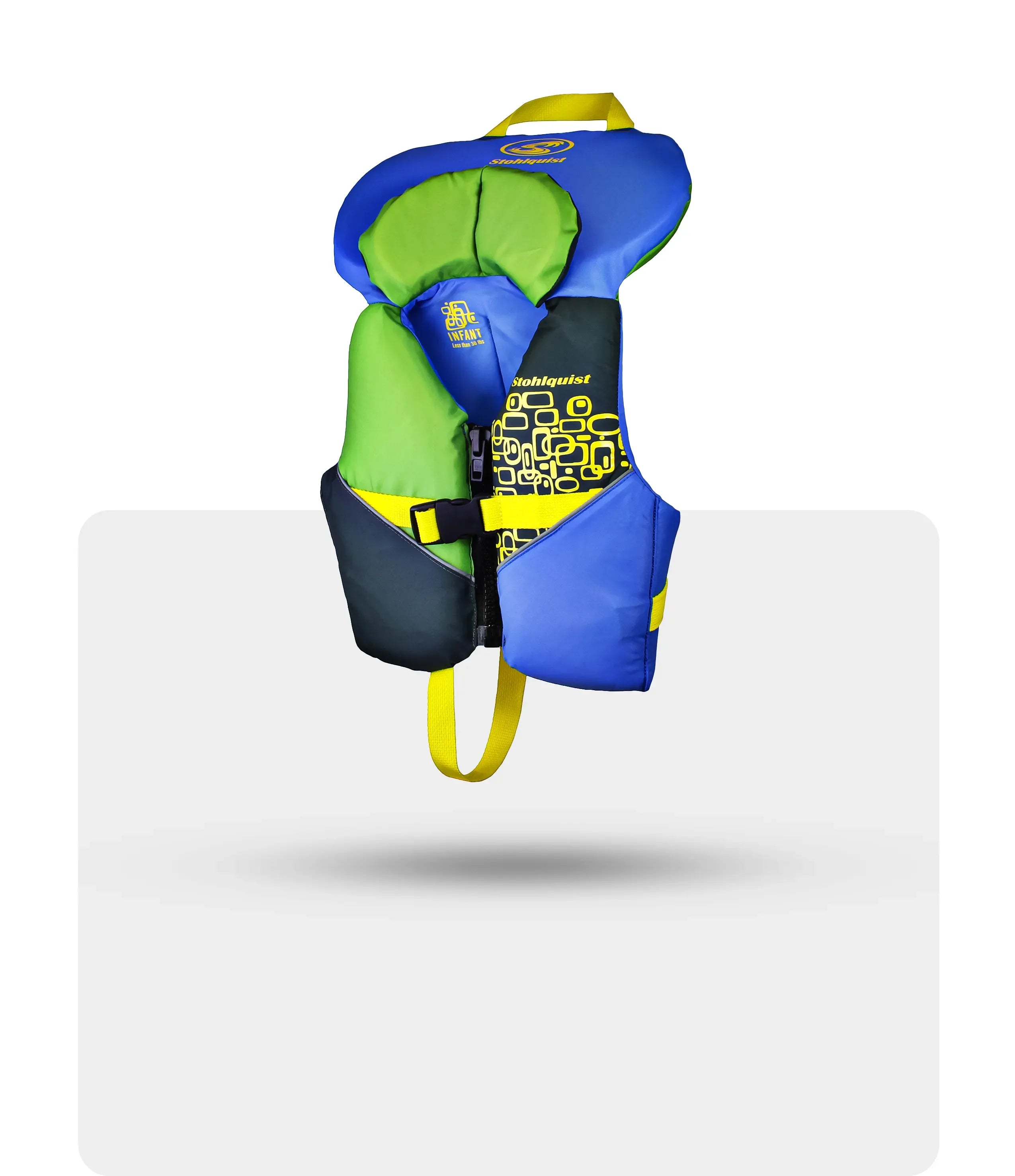 Stohlquist infant blue and green life jacket with yellow strap for kayaking and water safety