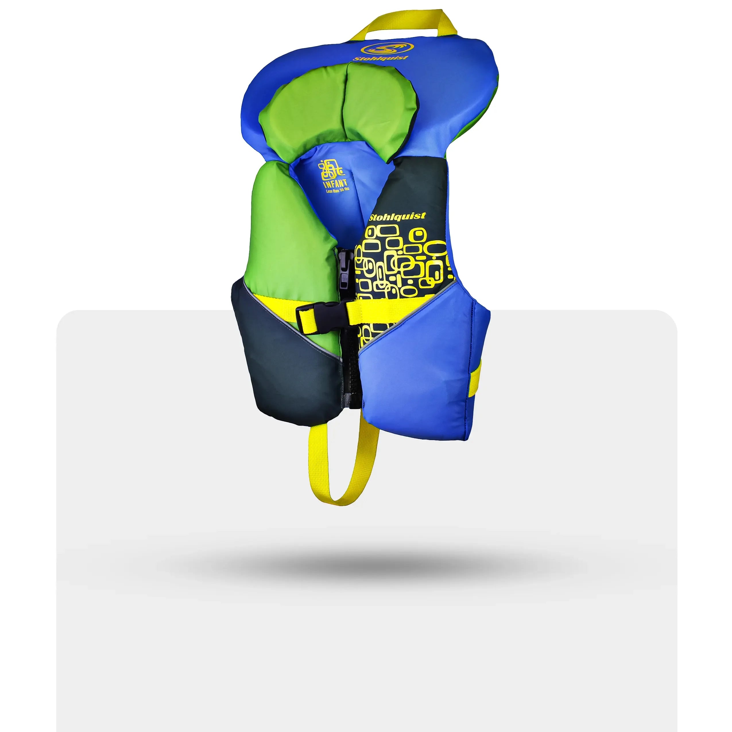 Stohlquist infant blue and green life jacket with yellow strap for kayaking and water safety