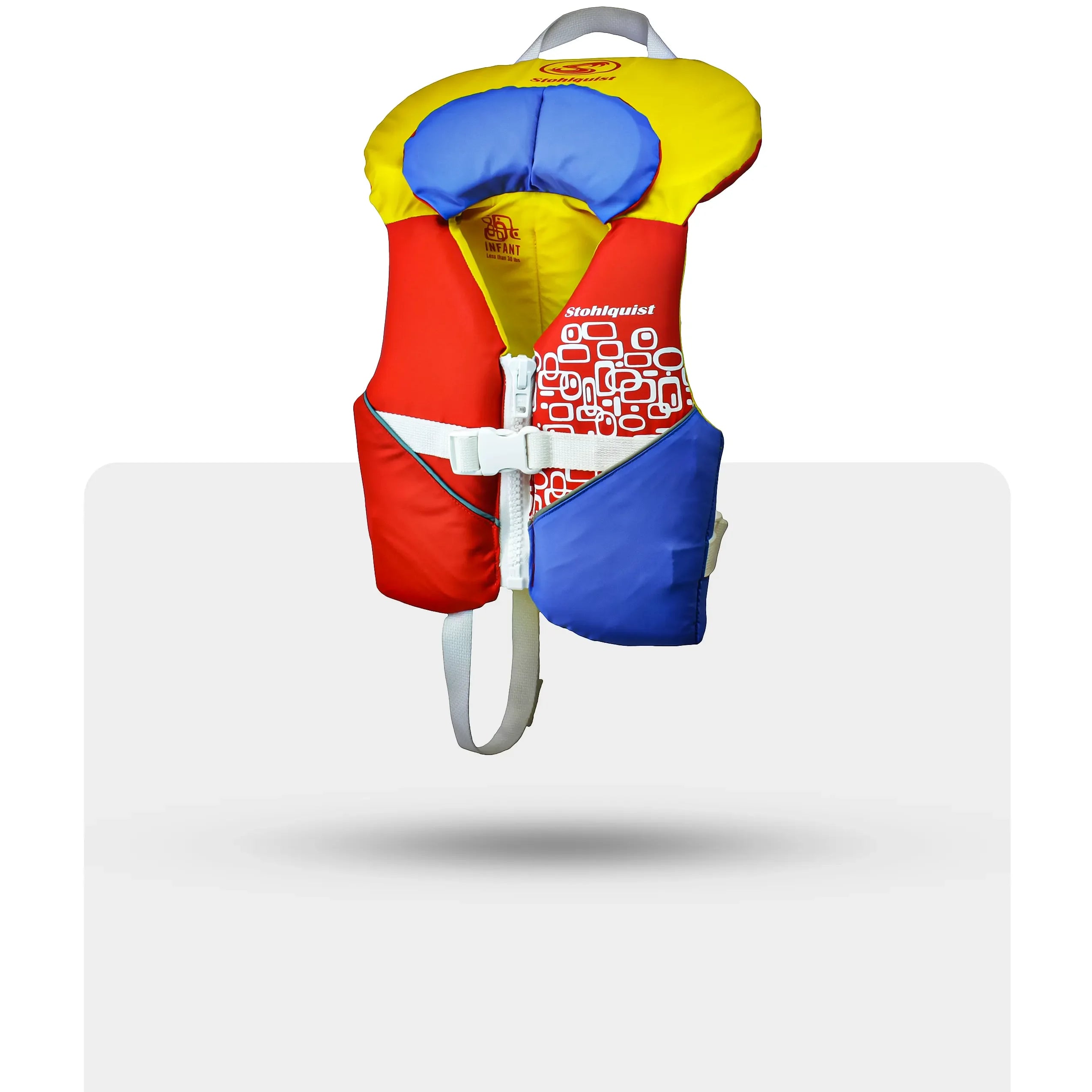 Stohlquist infant life jacket in yellow, orange, blue, and red with safety straps, product display