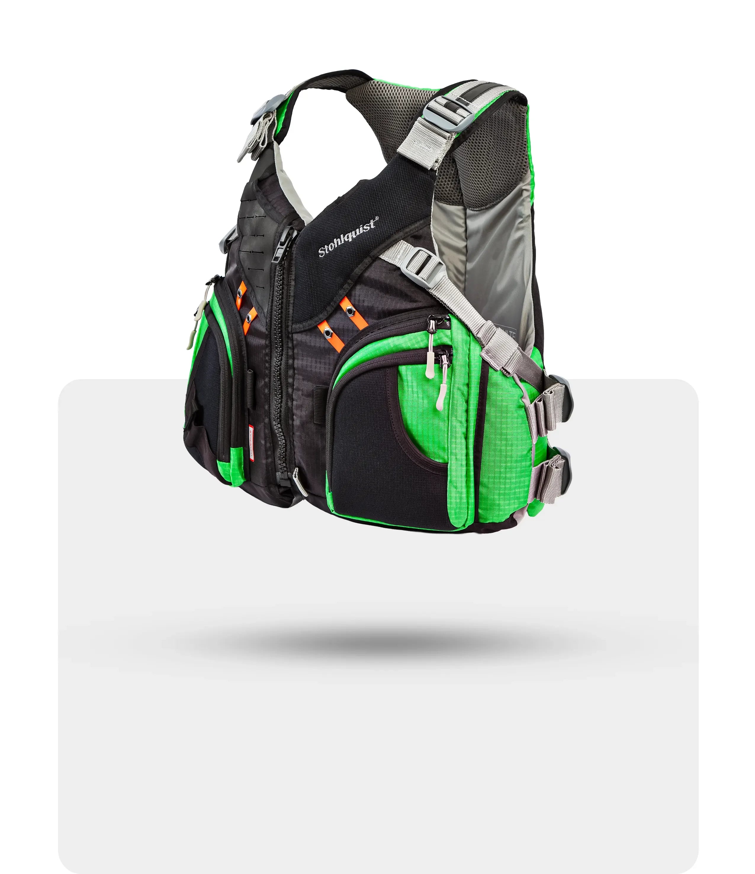 Stohlquist electric lime kayaking life jacket with pockets and adjustable straps, side view